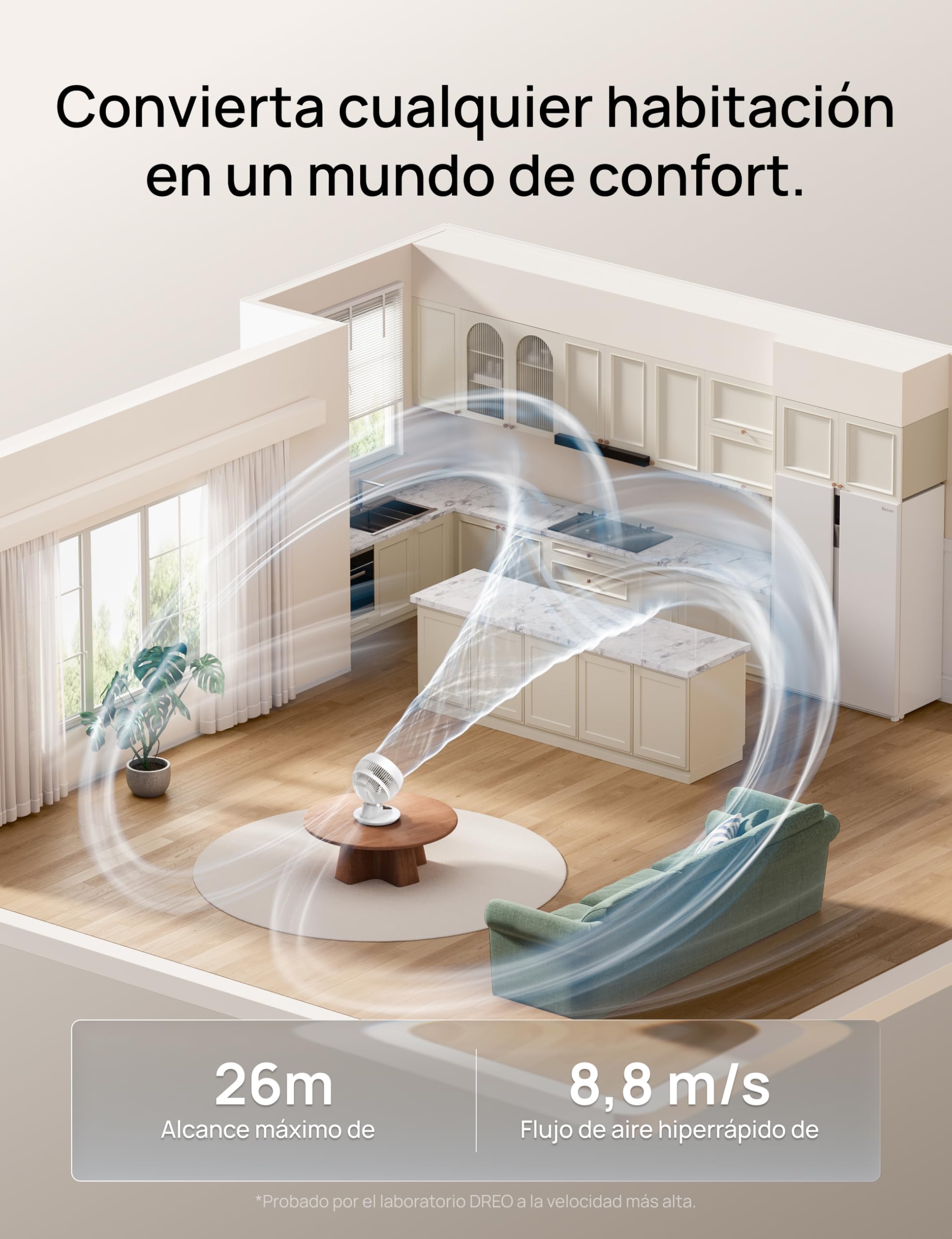Dreo Ventilador de Mesa 3D para Dormitorio, Aire Potente 8.8 m/s, Ultra Silencioso 22 dB, Oscilación 90°, Control por App y Voz, 9 Velocidades, Temporizador 8/12 h, Ideal para Hogar y Oficina