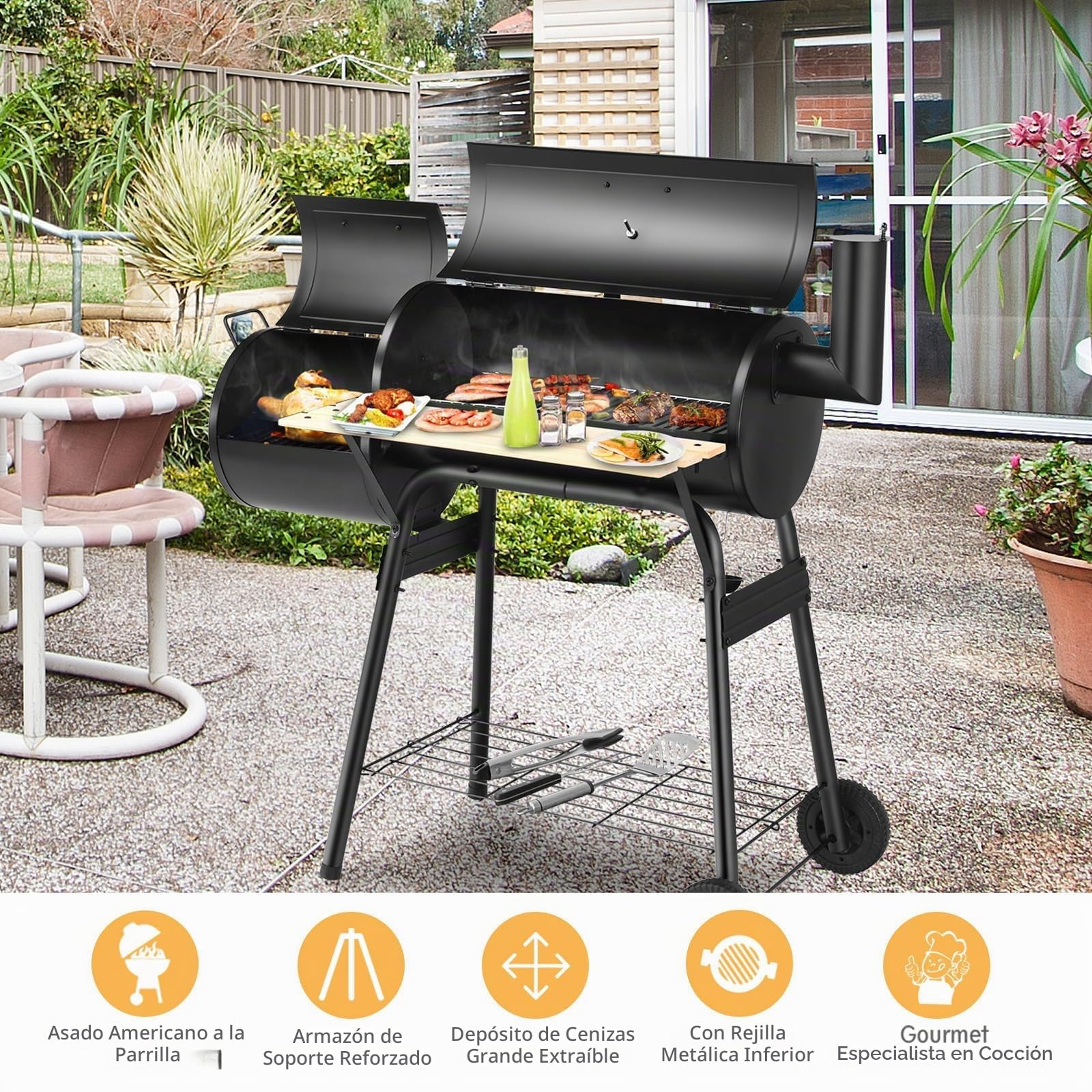KOMFOTTEU Barbacoa de Carbón con Ruedas y Termómetro, Parrilla de Acero con Chimenea, Barbacoa Ahumadora al Exterior con Mesa Lateral y Estante Inferior, 115 x 65 x 108 cm