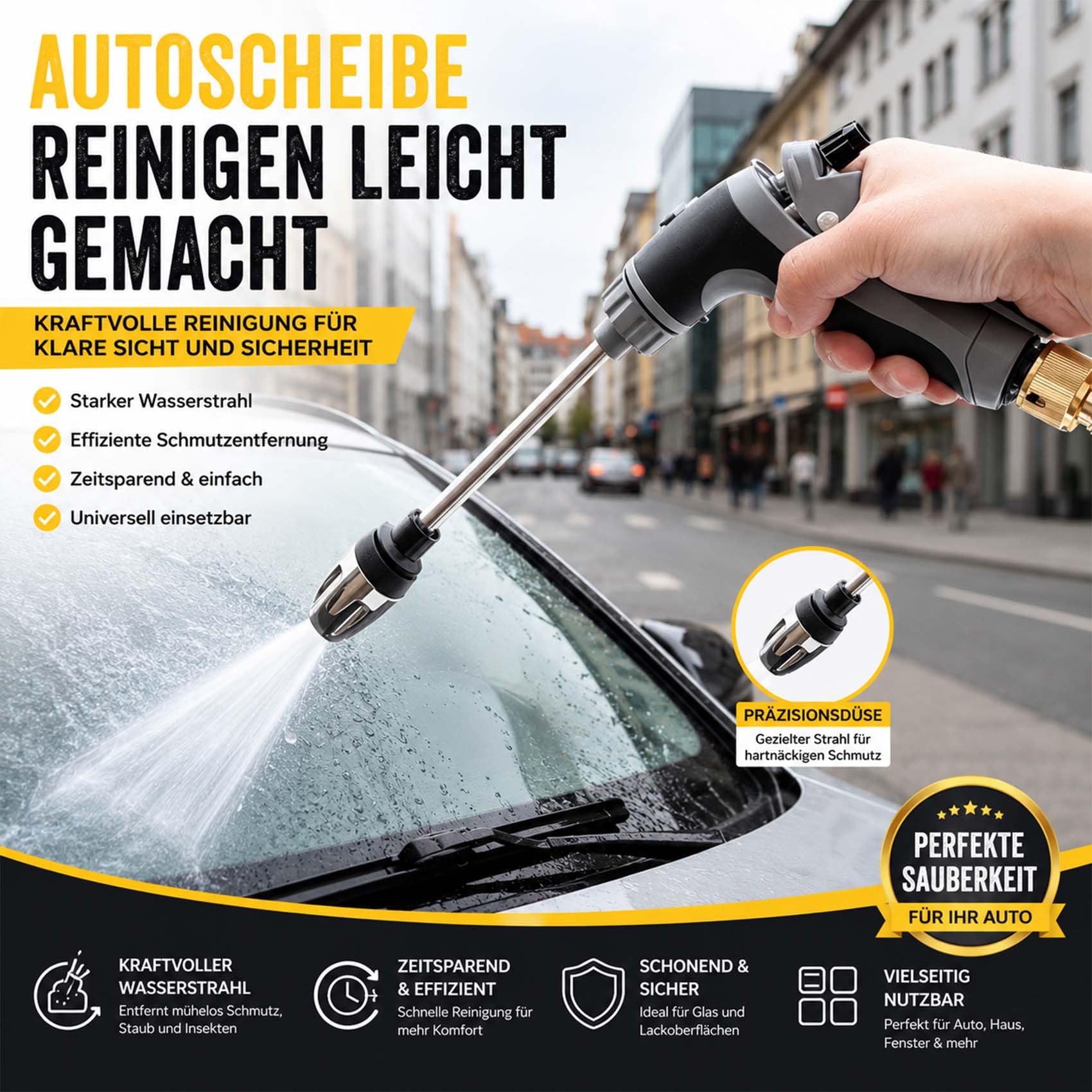 Jetteryx Hochdruckpistole, Jetterix Druckdüse für Gartenschlauch, Robuste Metall-Sprühdüse für Auto, Terrasse und Garten, Einstellbarer Wasserstrahl, Kraftvoll, Chemiefrei & Stromlos (Metall *A)