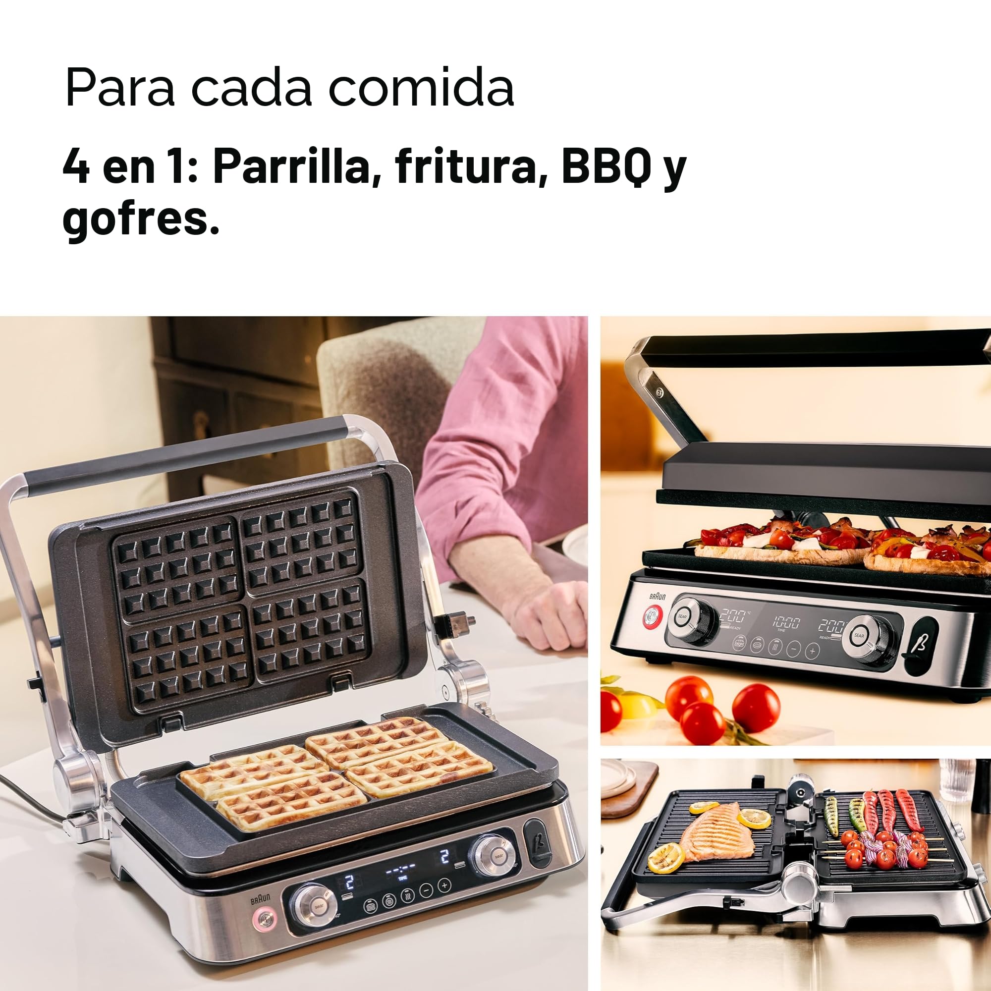 Braun MultiGrill 9 CG 9167, Plancha Eléctrica con Placas Planas, Parrilla y Gofres, 2 Termostatos Independientes, 3 Posiciones, Sonda Térmica, Apta para Lavavajillas, 2000W, Negro/Acero Inoxidable