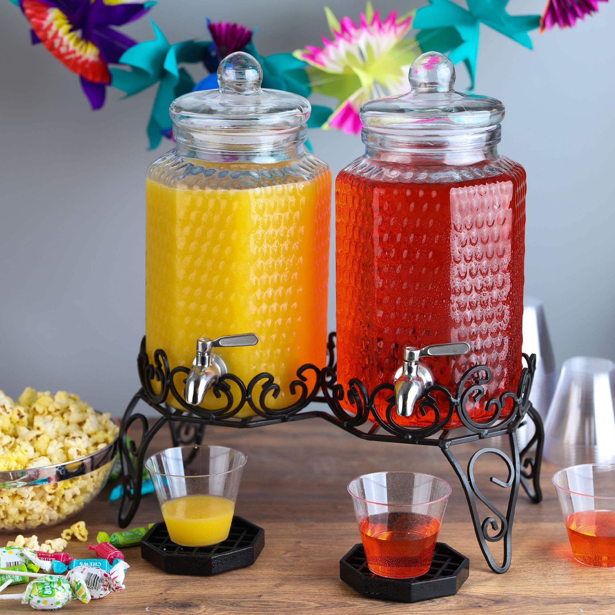 Dual Gallon Glass Beverage Dispensers with Decorative Metal Stand, Stainless Steel Spigot, Drips Trays - Double Drink Dispenser Station for Parties, Weddings and Holidays