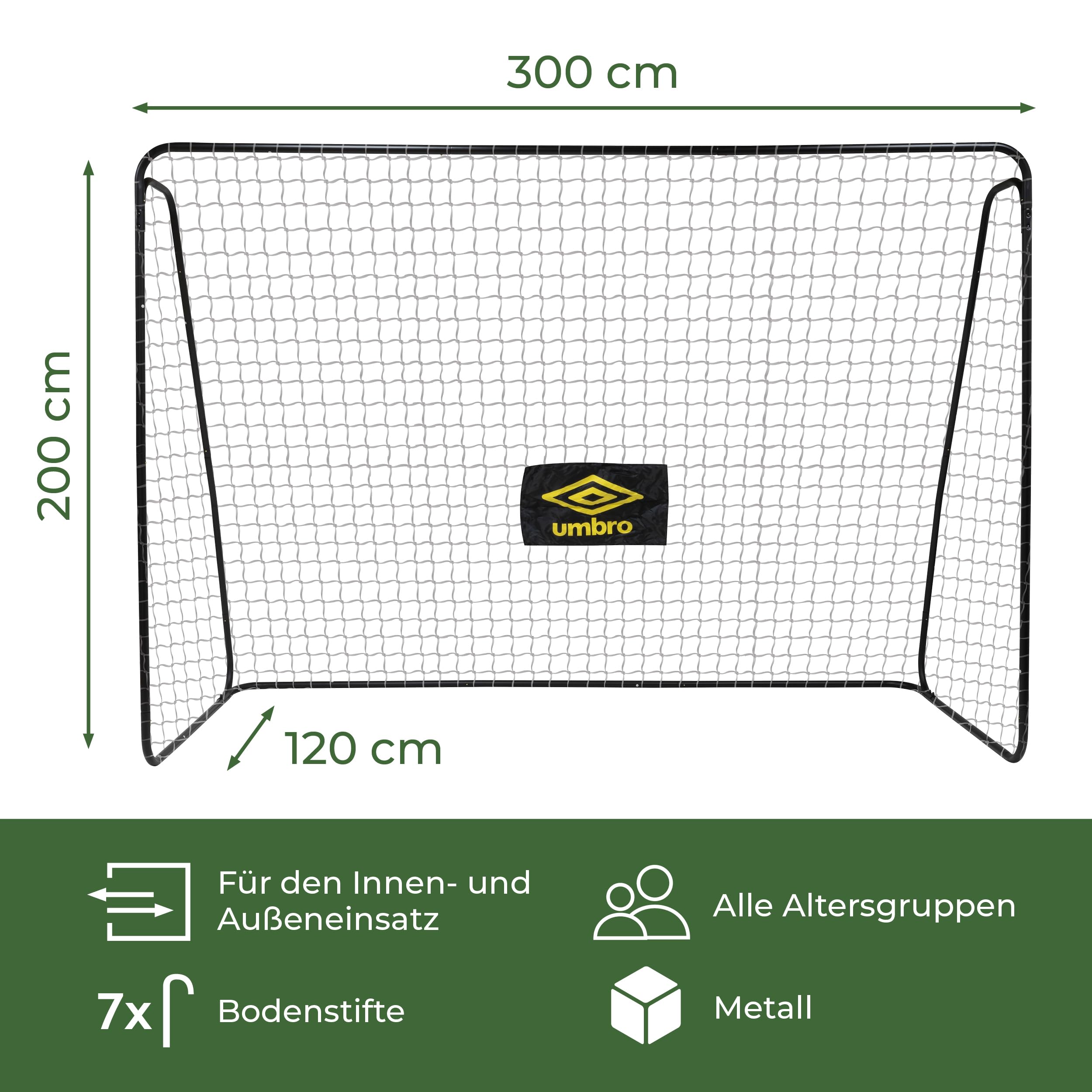 Umbro Fußballtor - Fussballtor 300 x 120 x 205 cm - Fußball Tor - Fussballtore für Garten Kinder und Erwachsene - Fussball Trainingszubehör für Innen und Außen - Metall - Schwarz/Gelb
