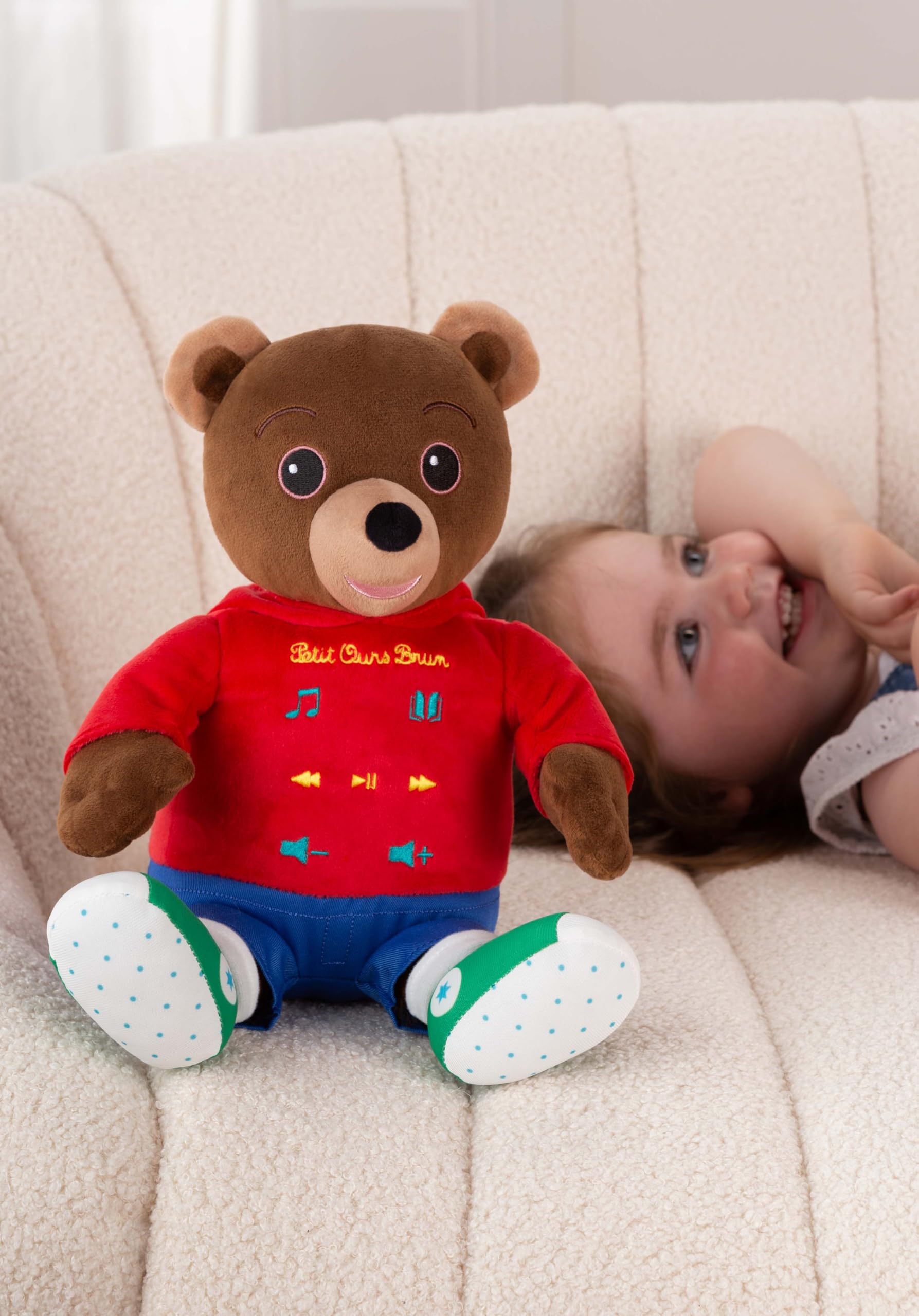 Peluche Interactive Petit Ours Brun 50 Ans 28 cm Marron Rouge Boîte Cadeau Version FR