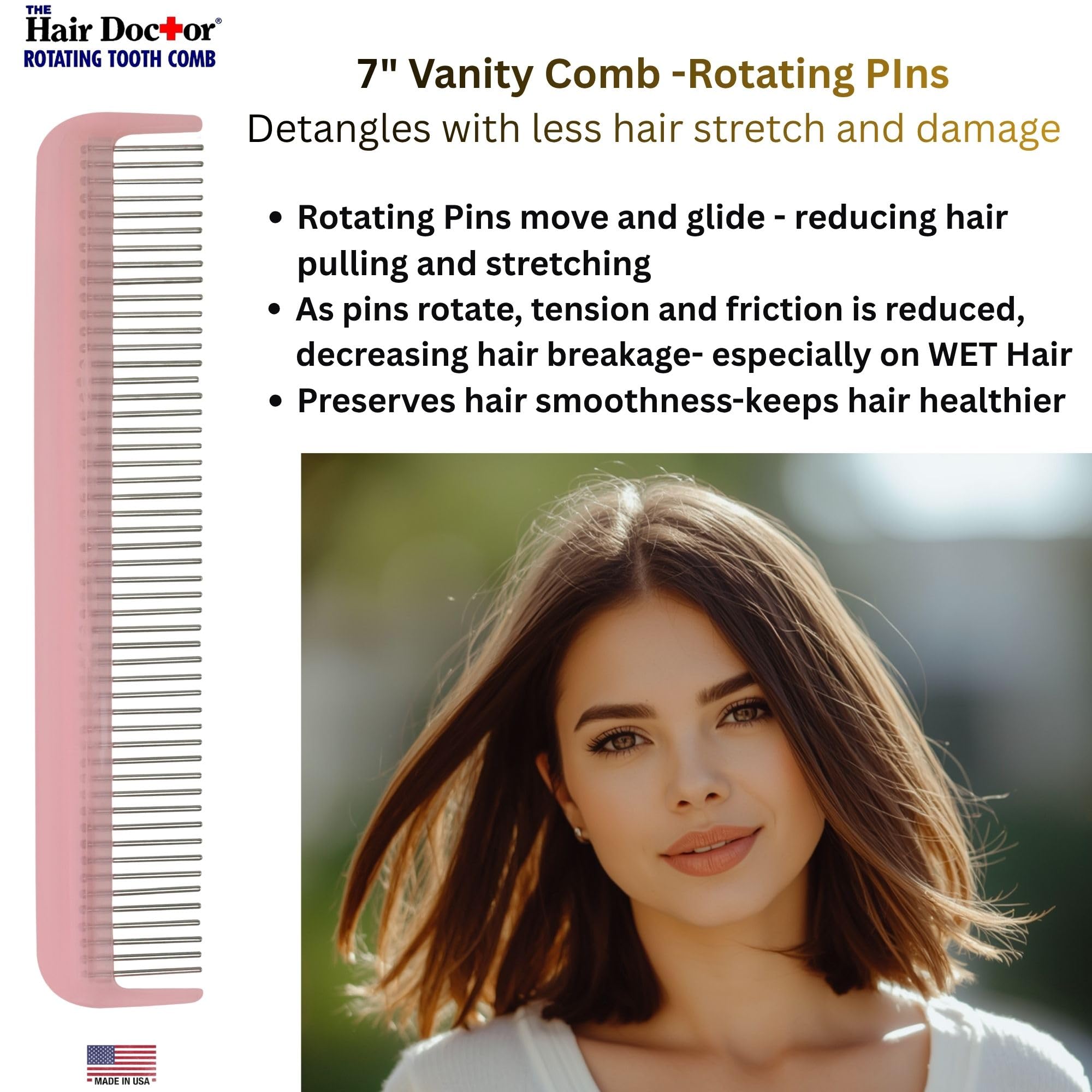 Hair Doctor Kosmetikkamm mit seidig glatten, rotierenden Zähnen verhindert Haarausfall und Schäden (17,8 cm Kamm) (7, Blassrosa)