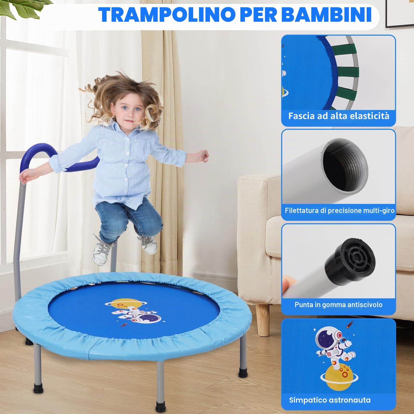 Trampolino Elastico per Bambini,Tappeto Elastico Pieghevole per Bambini con Astronauta Copertura,Cuscinetti Antiscivolo e Maniglia,Ideale per Interno ed Esterno,Carico Massimo 150 kg