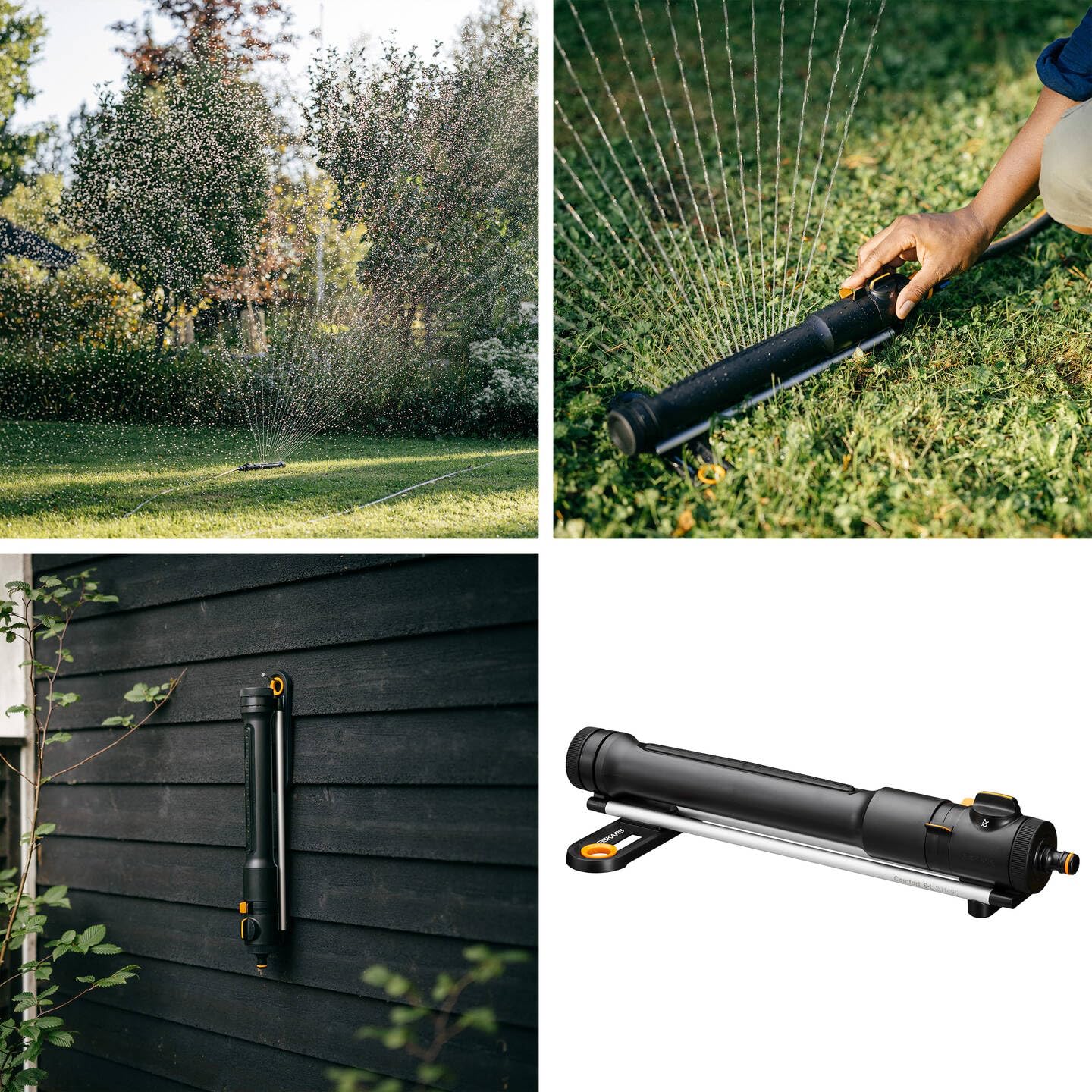 Fiskars Comfort Aspersor oscilante S-L | Aspersor para áreas de 300-500 m², Negro/naranja, 1070833