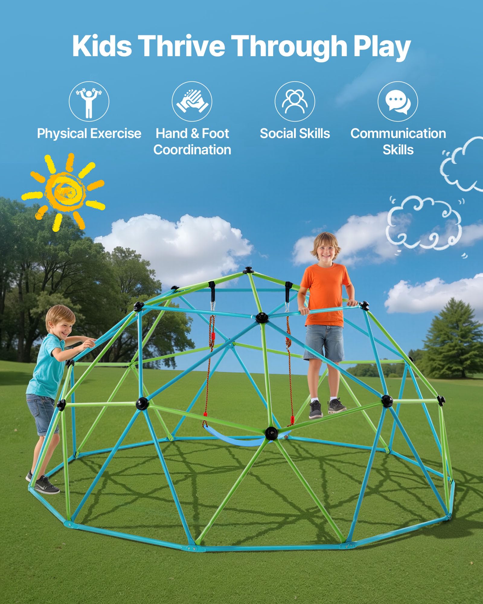 VEVOR Struttura da Arrampicata Geometrica a Cupola Larghezza 305 cm con Altalena e Amaca, Capacità di Carico 453 kg, Attrezzatura da Arrampicata per Bambini dai 3 ai 10 Anni, Parco Giochi Giardino