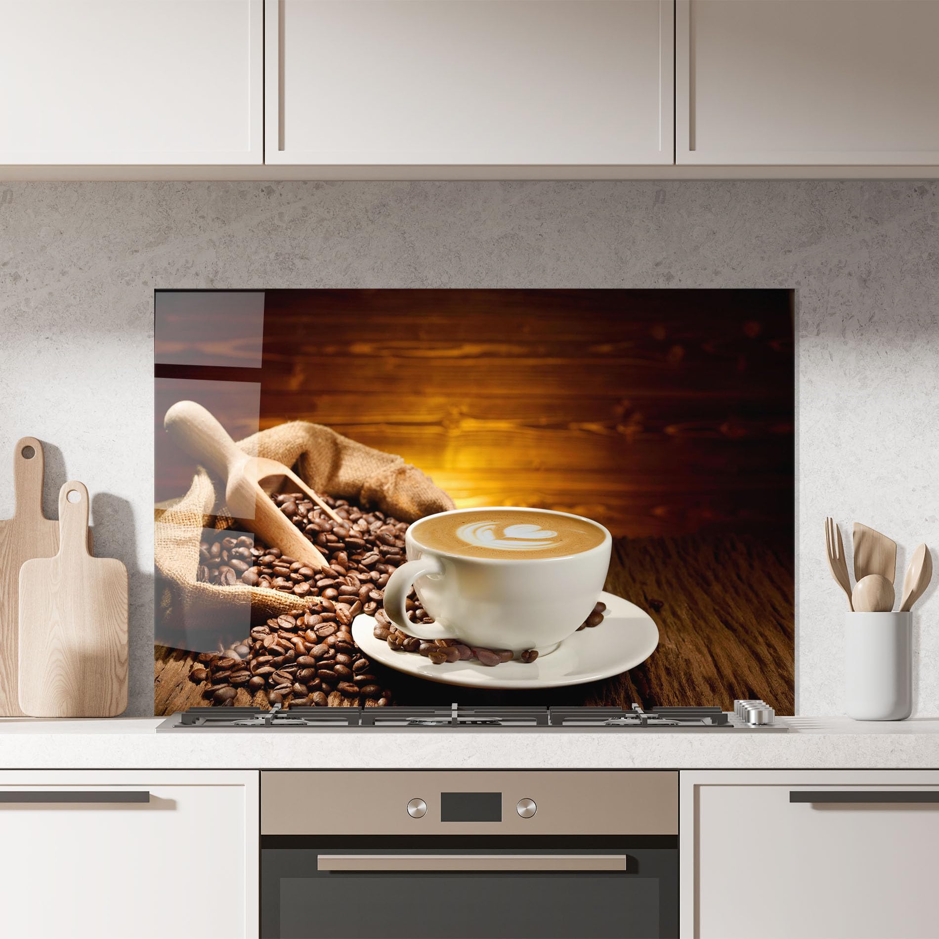 ARTHUB® Crédence de Cuisine en Verre 60x100 cm, Latte Coffee | Protection Contre Les éclaboussures, Revêtement Mural en Carreaux, Plaque en Verre, Verre trempé, Aliments, Café