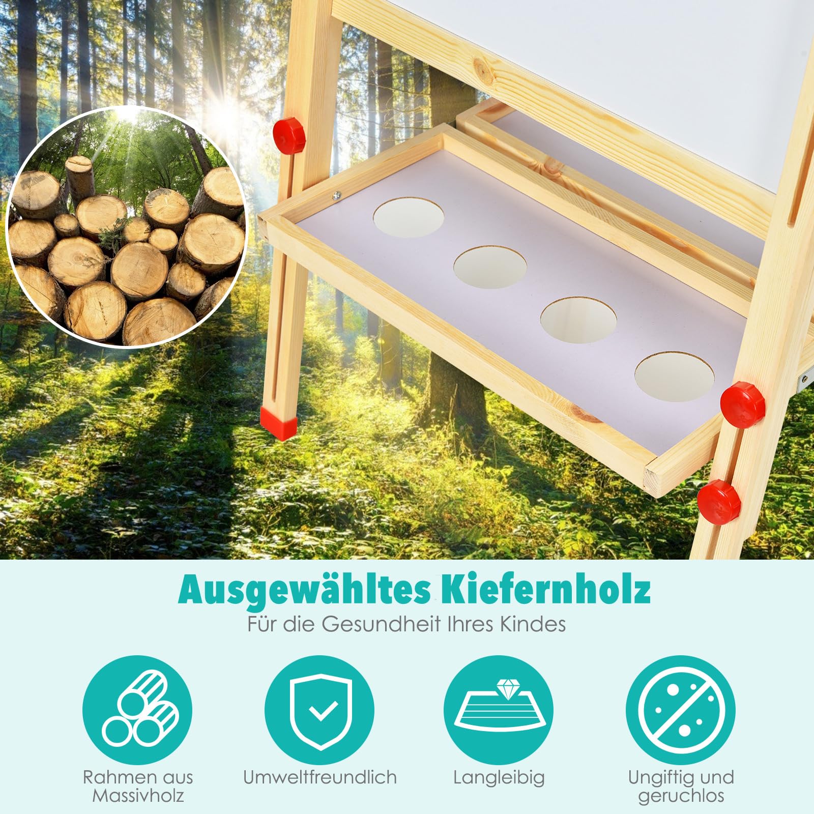 DREAMADE 3 in 1 doppelseitige Kinder Staffelei aus Holz, höhenverstellbare Kinderstaffelei Kindertafel mit Papierrolle Whiteboard und Kreidetafel, inkl. Alphabet Marker Kreide Radiergummi