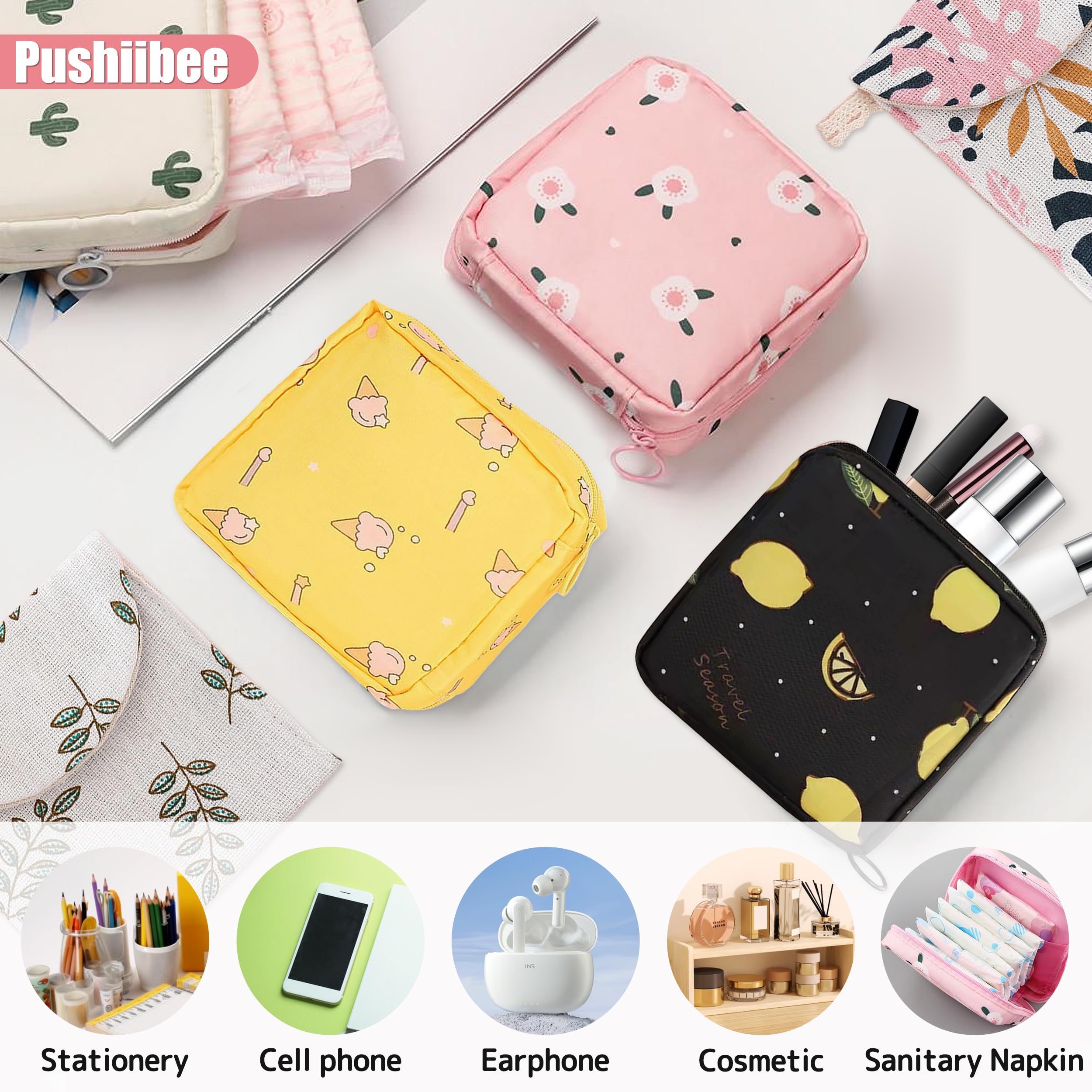 Pushiibee Bolsa para Compresas, 6 Piezas Neceser Menstrual para Mujer, 2 Estilos Estuche para Compresas y Tampones Mini Bolsita con Cremallera para Viaje y Uso Diario — view 6