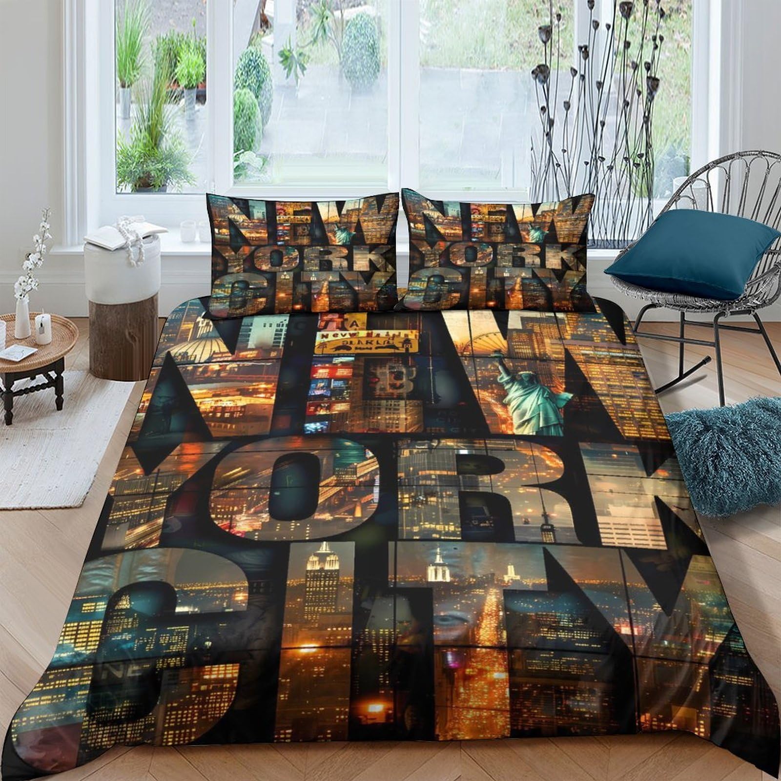 GPLZQXKJNH 3D Printed New York City Duvet Cover Microfiber Soft Urban Nightscape Bedding Set with 2 Pillowcases for Bedroom Decor Single（135x200cm）
