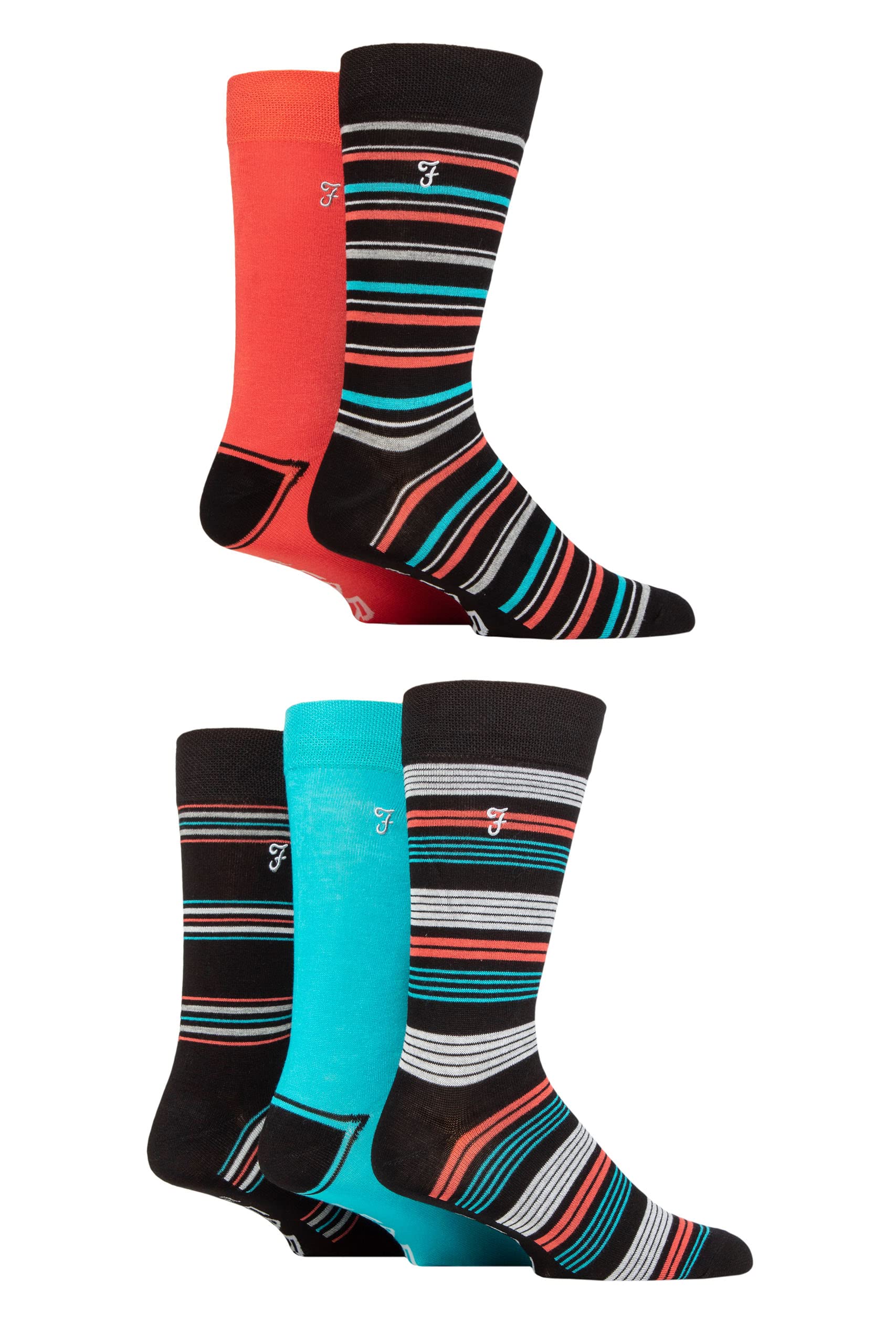 Farah Mens Bamboo Socks Plain and Patterned Striped Argyle Spotty Designs, Bright Colourful, Gift for Him, 5 Pairs - Stripe Black/Coral 6-11