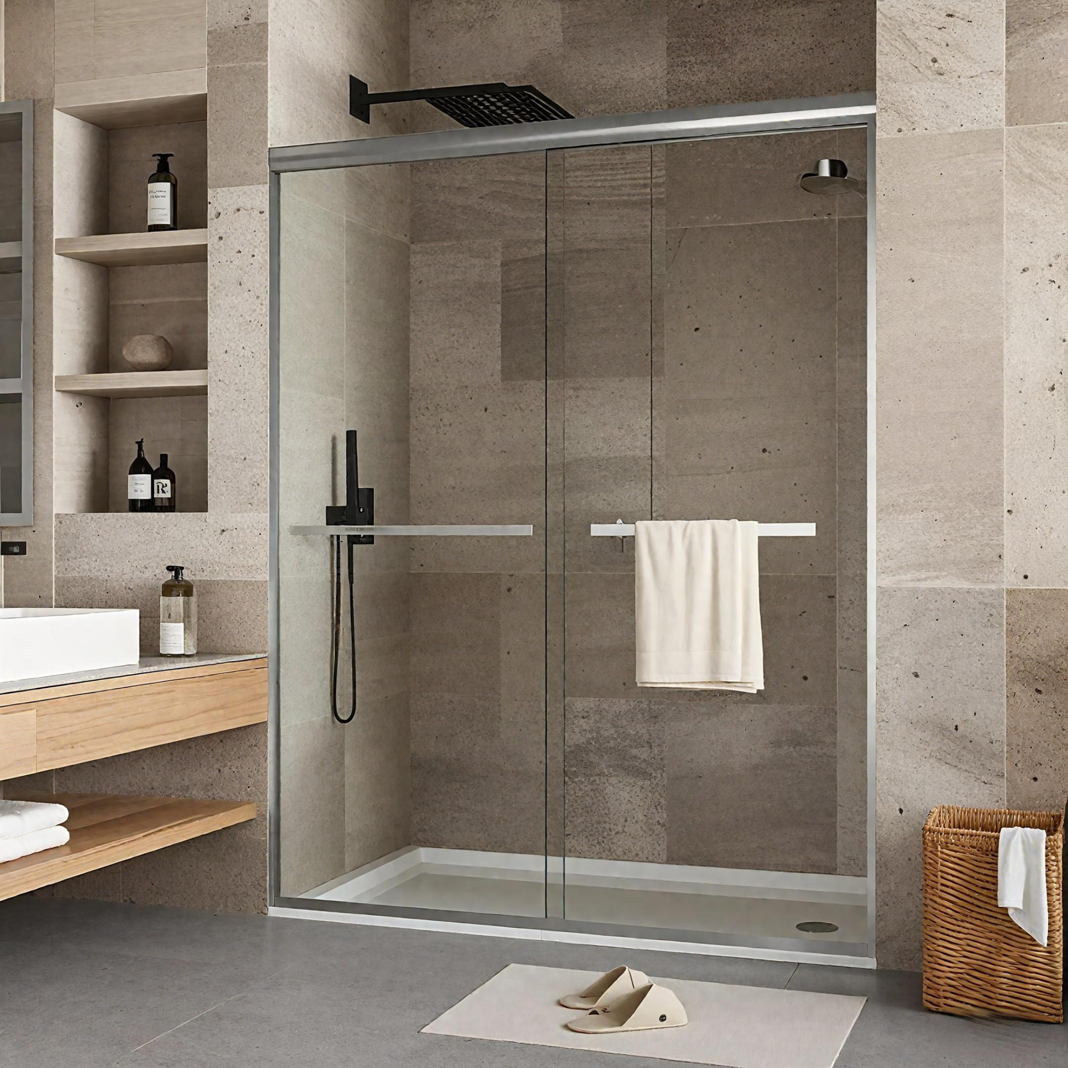 Double Sliding Shower Door, Frameless Design 56-60" Adjustable Width x 72" H, 1/4" Tempered Safety Glass with Stainless Steel Handle, Brushed Nickel, Easy to Clean