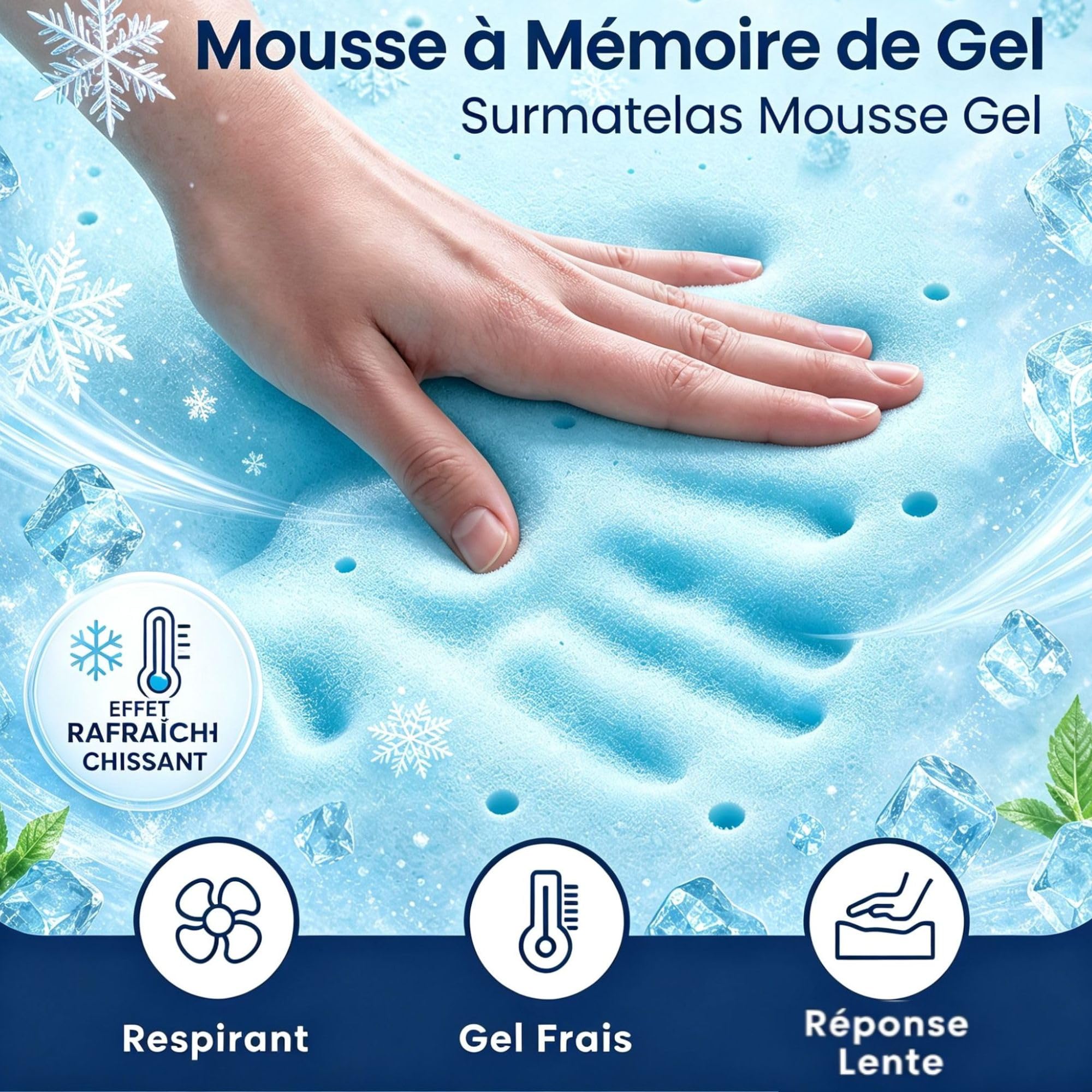 Surmatelas 120x200 cm en Mousse à Mémoire de Forme de Gel - 7.5cm sur Matelas 2 Personnes, Double Face duretés différentes, Housse Lavable Machine, pour Matelas & canapé, essai 100 Jours