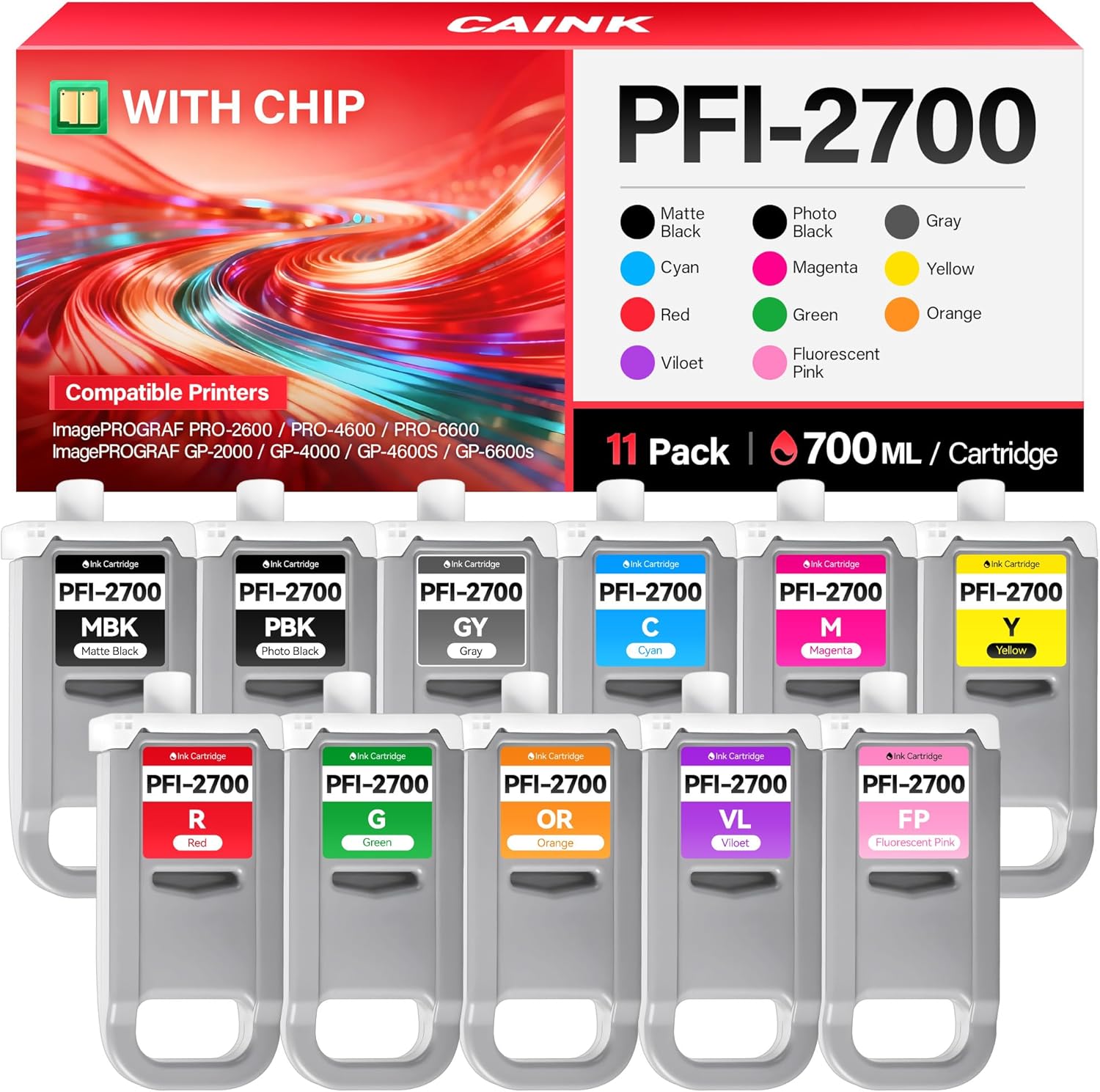PFI-2700 Ink Tank 11-Pack 700-ml with chip High Capacity Replacement for Canon PFI2700 PFI-2700 Compatible with Canon ImagePROGRAF PRO-2600 PRO-4600 PRO-6600 GP-2000 GP-4000 GP-4600S GP-6600s Printer