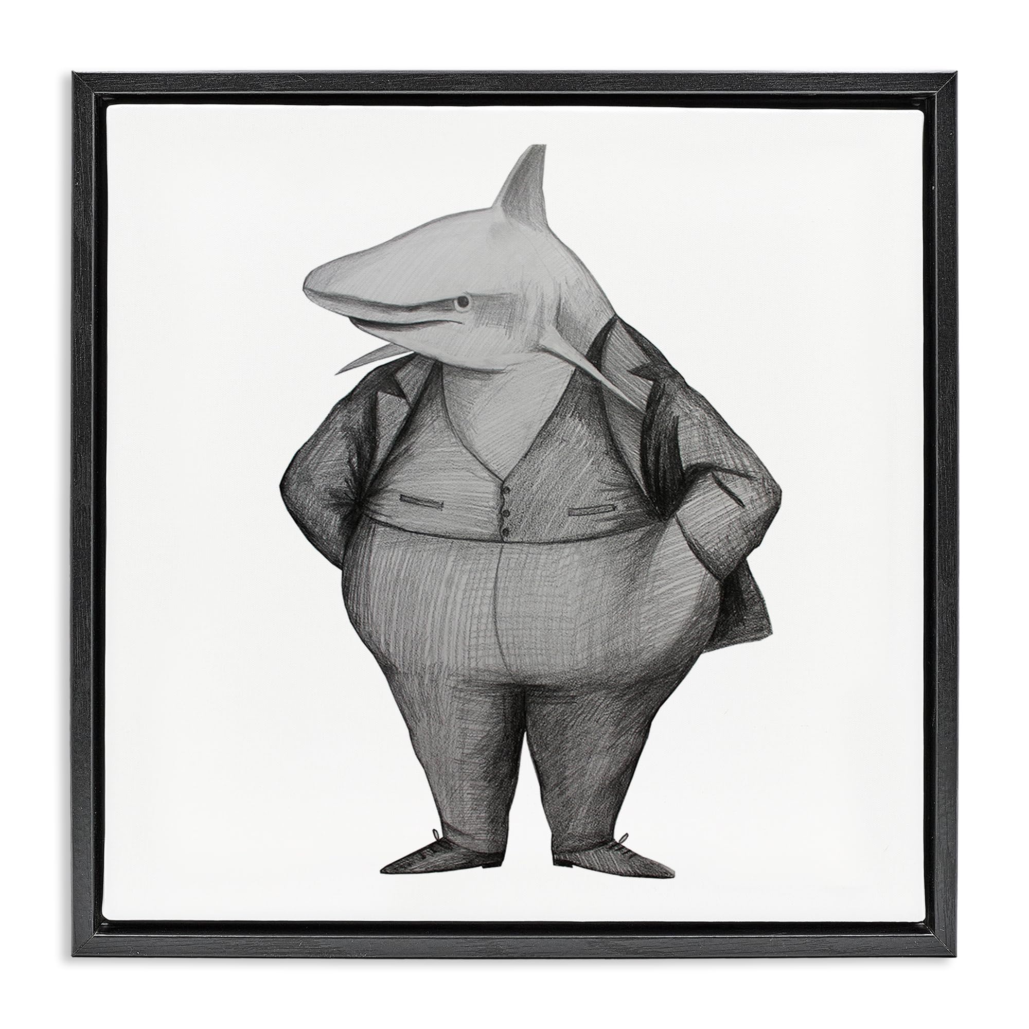 Stupell Industries 'Shark In Suit Drawing', Floating Frame Canvas Art, Black, 18 x 18 Inches, Easy to Hang and Sturdy, Made in USA, by Violeta Vollmer