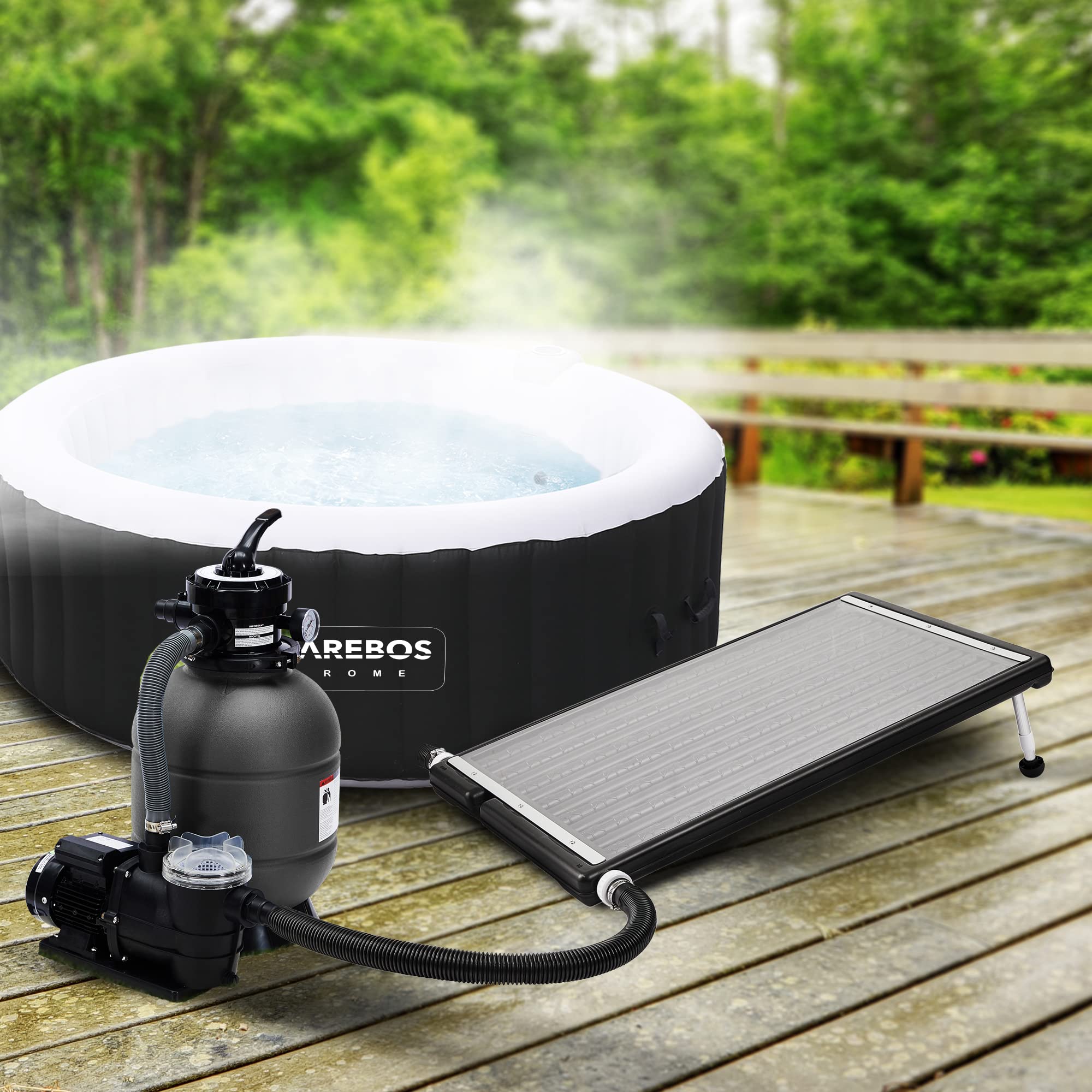 Arebos Calentador solar para piscina, 110 x 65 x 7,5 cm Calentador solar para piscina, capacidad de hasta 15 litros, caudal de hasta 10.000 L/h, conexión de manguera Ø 32/38 mm, incluye material de