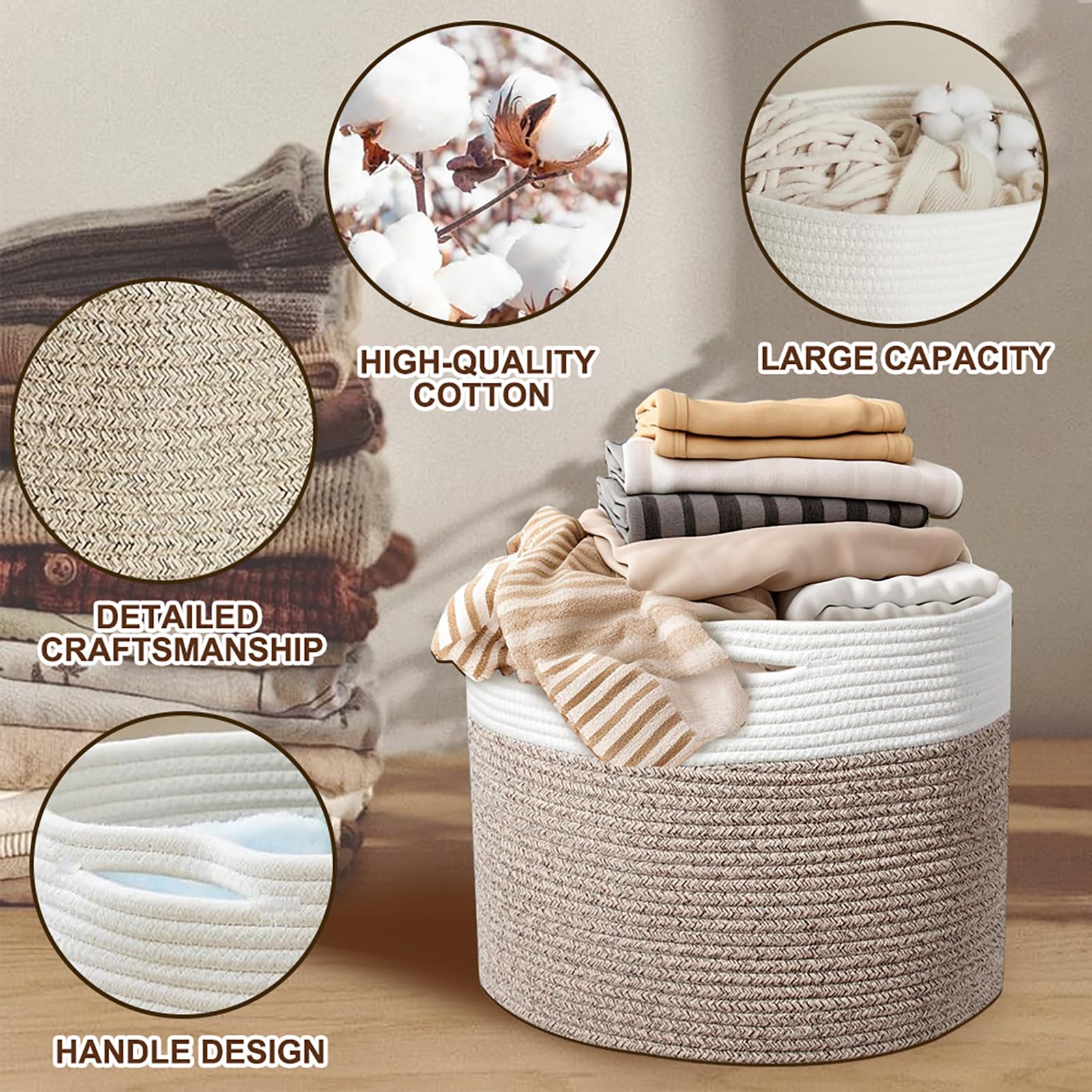 Rieeyrslza Panier à Linge en Coton Tissé 26L Corbeille à Linge en Coton Tissé Panier en coton courbé,avec poignées, Paniers de Rangement Décoratifs Adapté à Chambre à Coucher Salon (Jute+Blanc