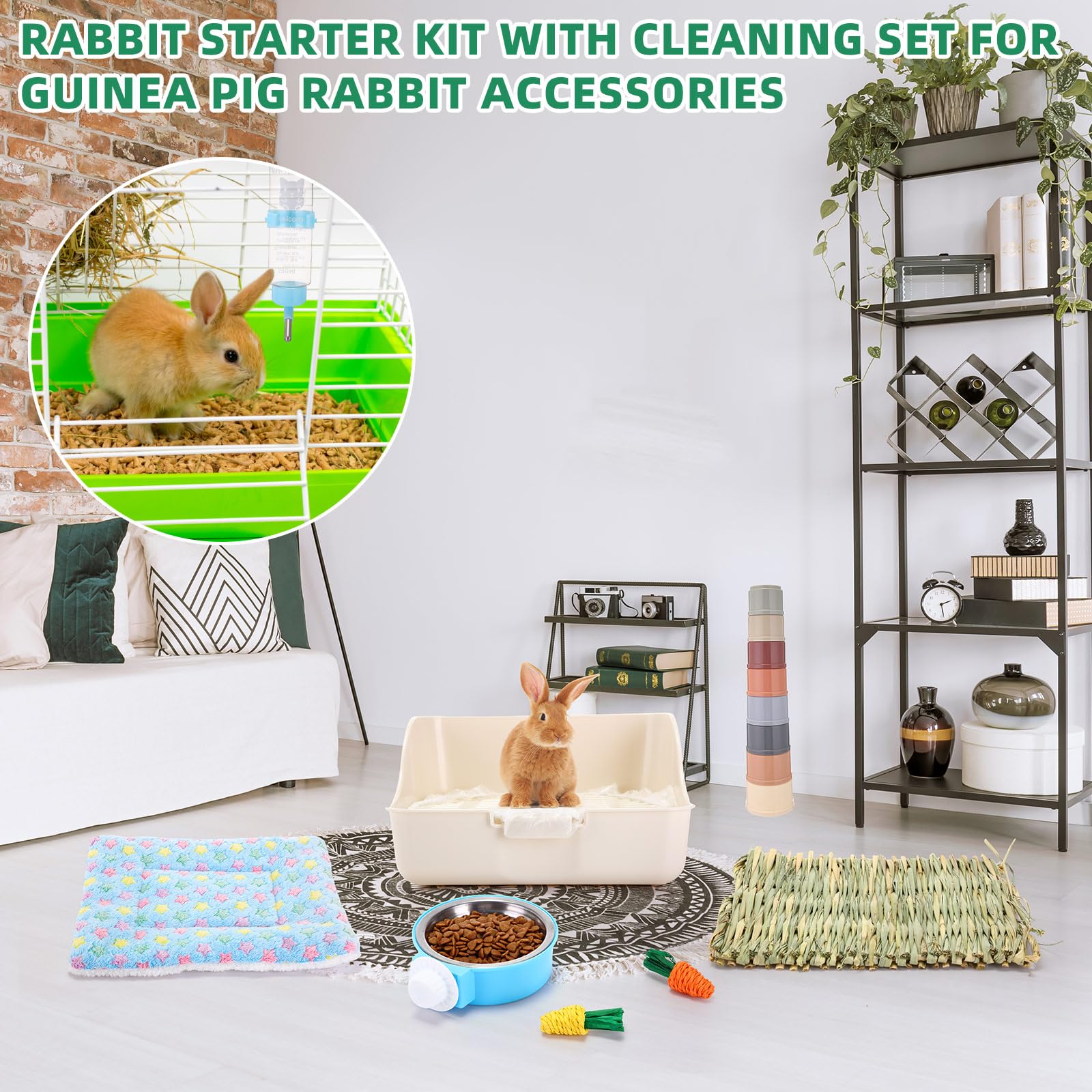 Kit iniziale per conigli, 34 pezzi, per lettiera per conigli, piccole bottiglie d'acqua, tazze impilabili, tunnel per coniglietti, kit per la toelettatura degli animali, coperte con set di