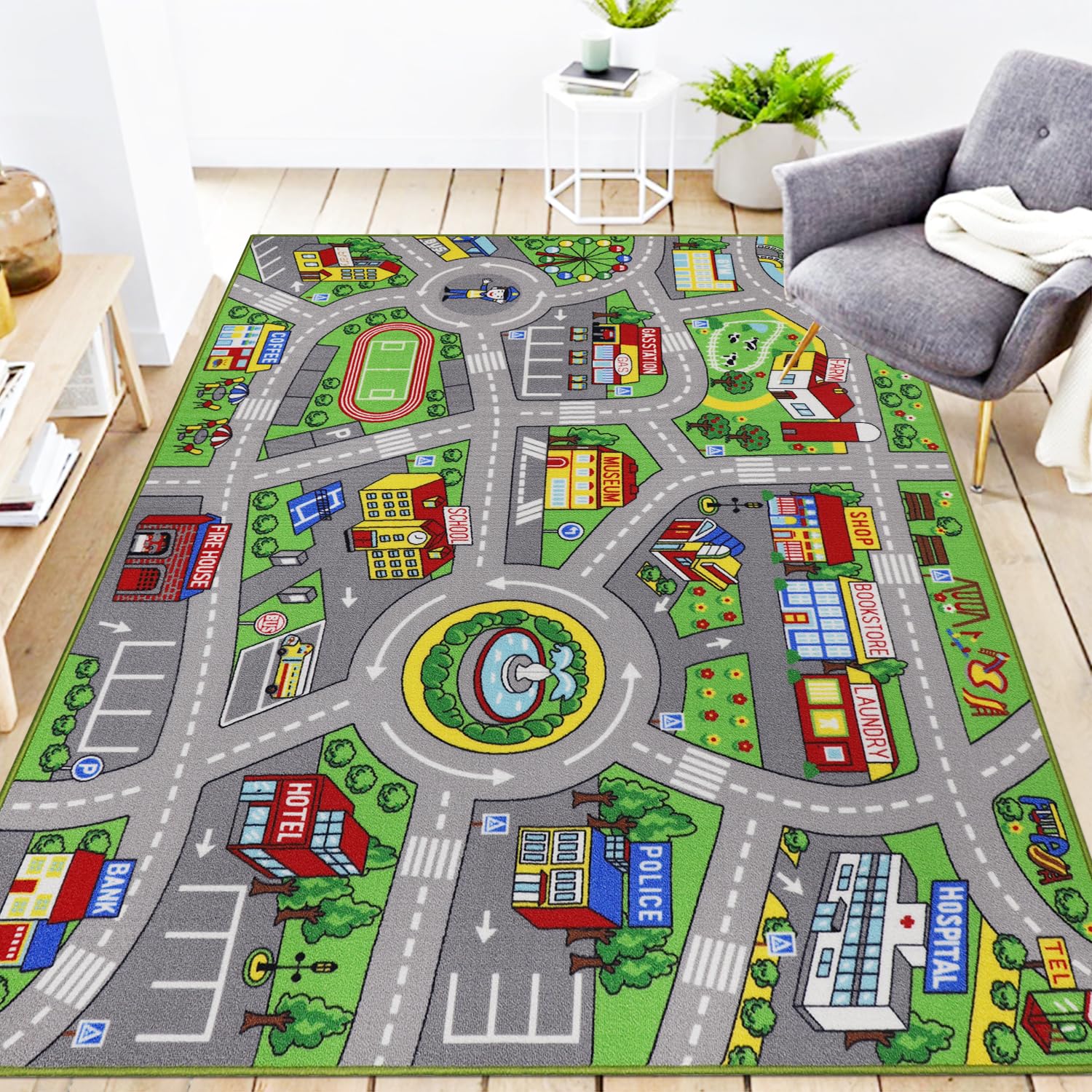 Kids Rug 6'6" x 5'0" City Life Playmat Area Rug Car City Map Washable Traffic Road Educational Learning Nursery Rug Carpet for Children Playroom