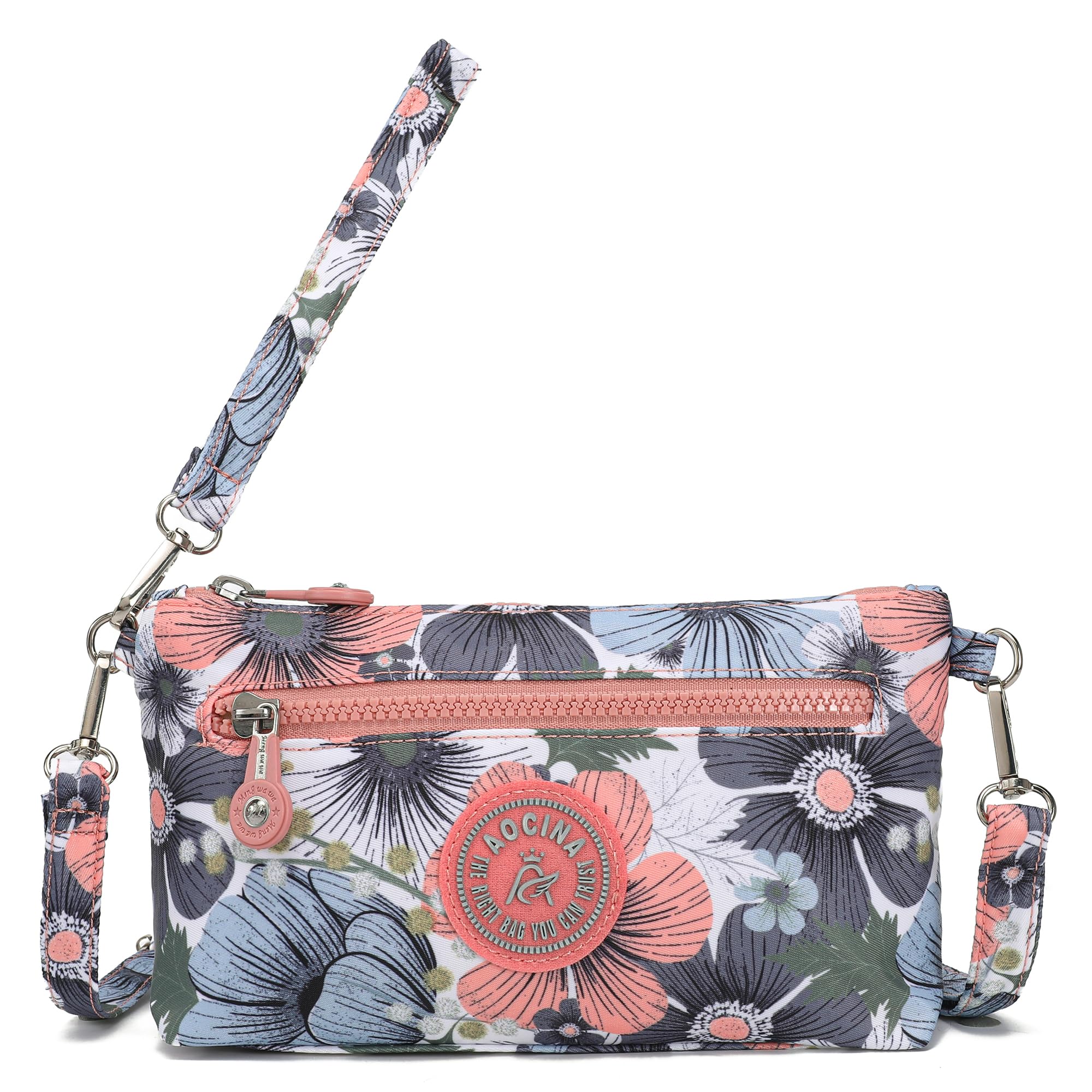 AOCINA RFID Printed Wristlet Wallet for Women, Small Crossbody Purse, Nylon Clutch Bag with Card Slots & Multi-Pockets(Floral Pink)