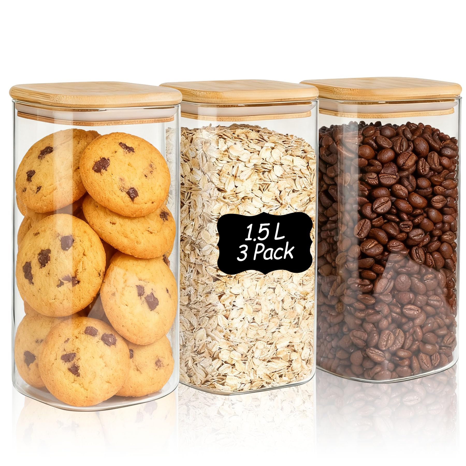 ComSaf 1.5L Glass Jars with Bamboo Lids Set of 3, Clear Airtight Glass Food Storage Containers with Sealing Lid, Square Storage Jars for Kitchen Canisters Pasta Flour Cereal Rice Coffee Beans