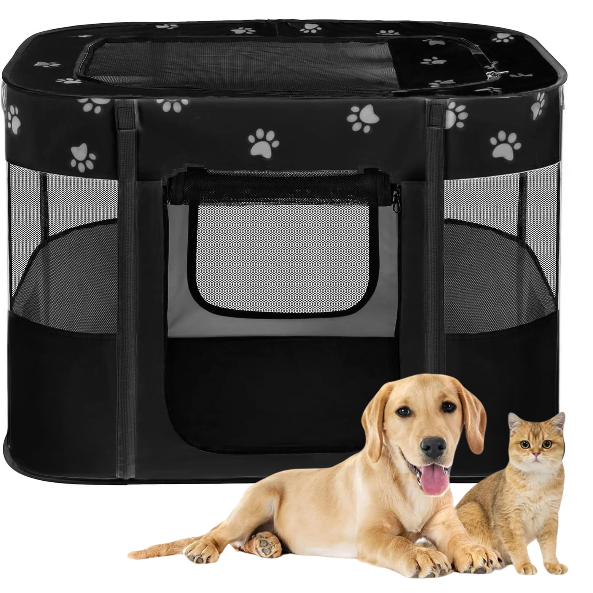 Floving Portable Doghouse Pet fence 80x60x55cm Foldable Pet playpen Rectangle Delivery Room Cat den Cat hut Puppy house Kennel Closed Pets Tent with carry bag (Black)