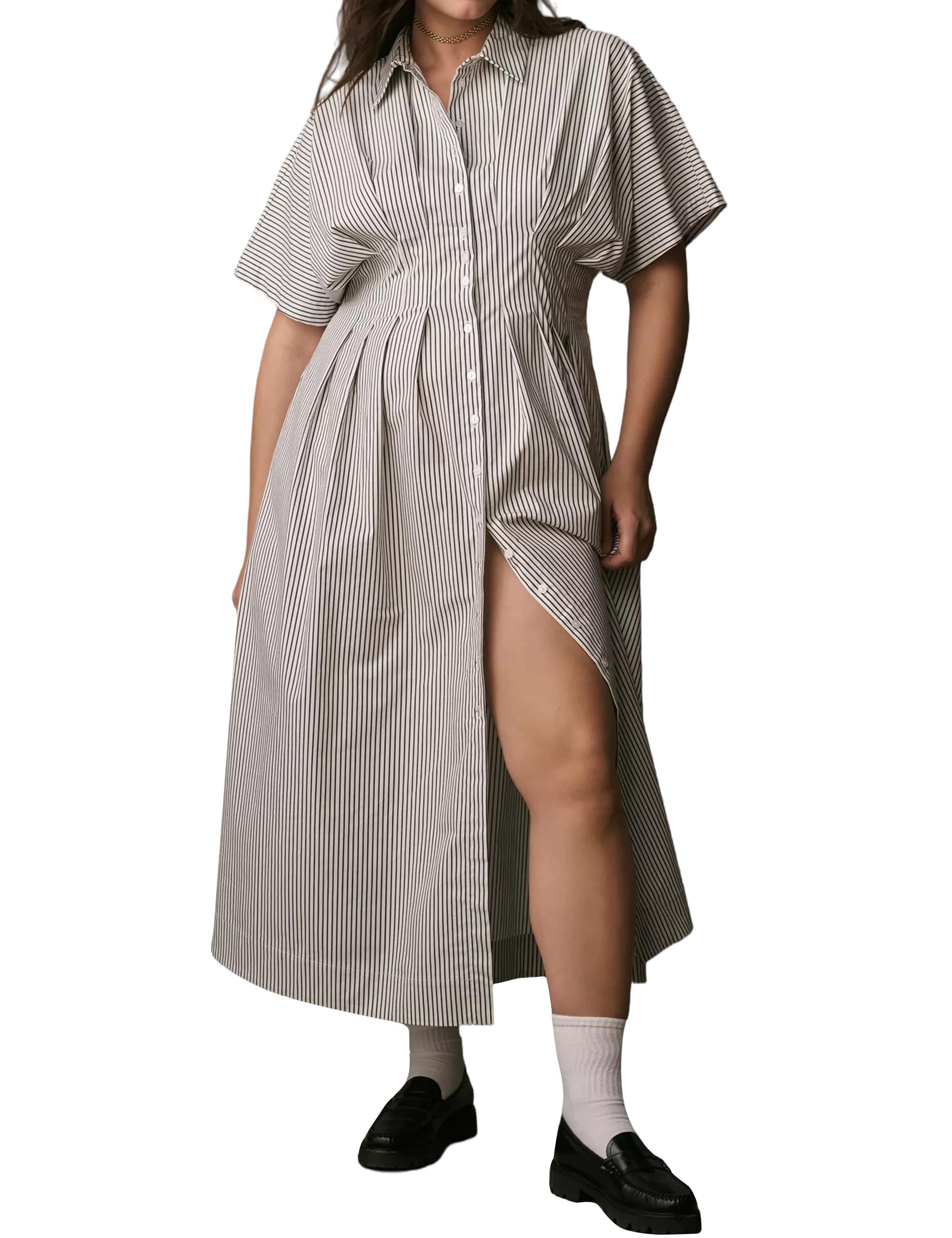 Women Striped Button Down Shirt Maxi Dresses Summer Pleated Short Sleeve Collar Casual Corset Long Dress