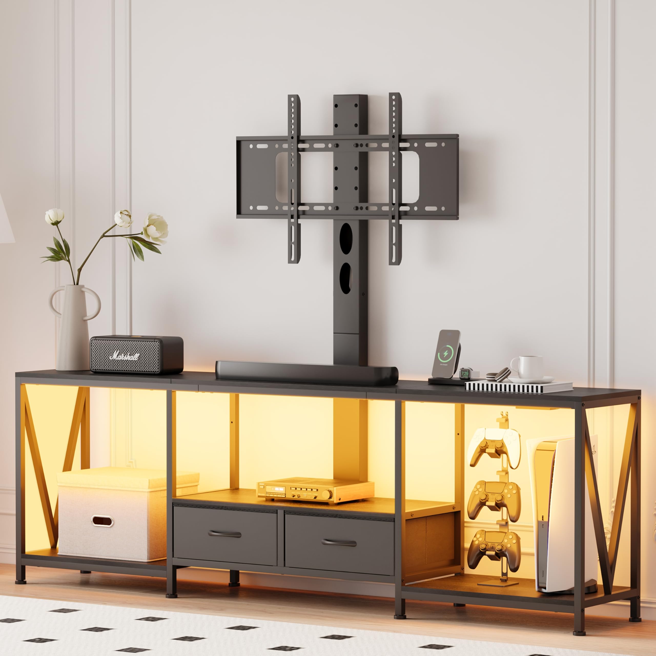 Condition photo showing New/Like New for 63" w tv stand with mount for 50,55,65,75" tv,entertainment center with power outlet and led lights,height adjustable tv console table with open storage shelves and fabric drawers (black)