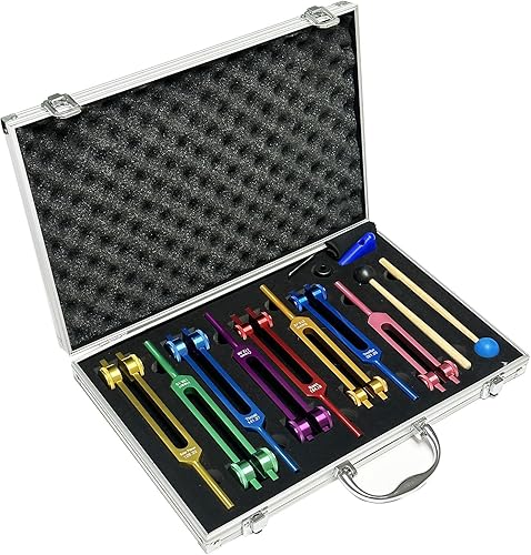 Juego de diapasones Chakra para curación, 7 chakras + 1 diapasón con peso de propósito de alma con exquisita caja de regalo de aluminio, multicolor