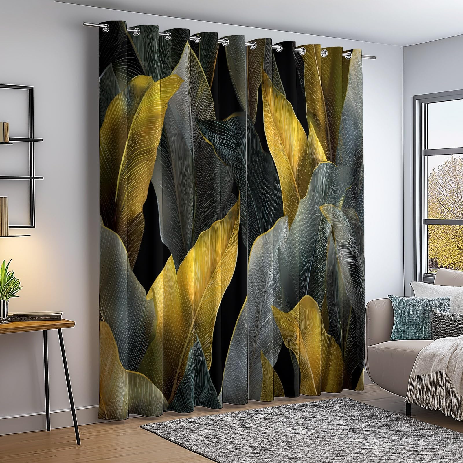140 x 260 h cm (2 pannelli) Tenda oscurante, con foglie e foglie termiche, isolanti anti anti UV, giallo grigio opaco tendaggi, decorazione per casa, soggiorno, camera da letto, finestra con occhielli