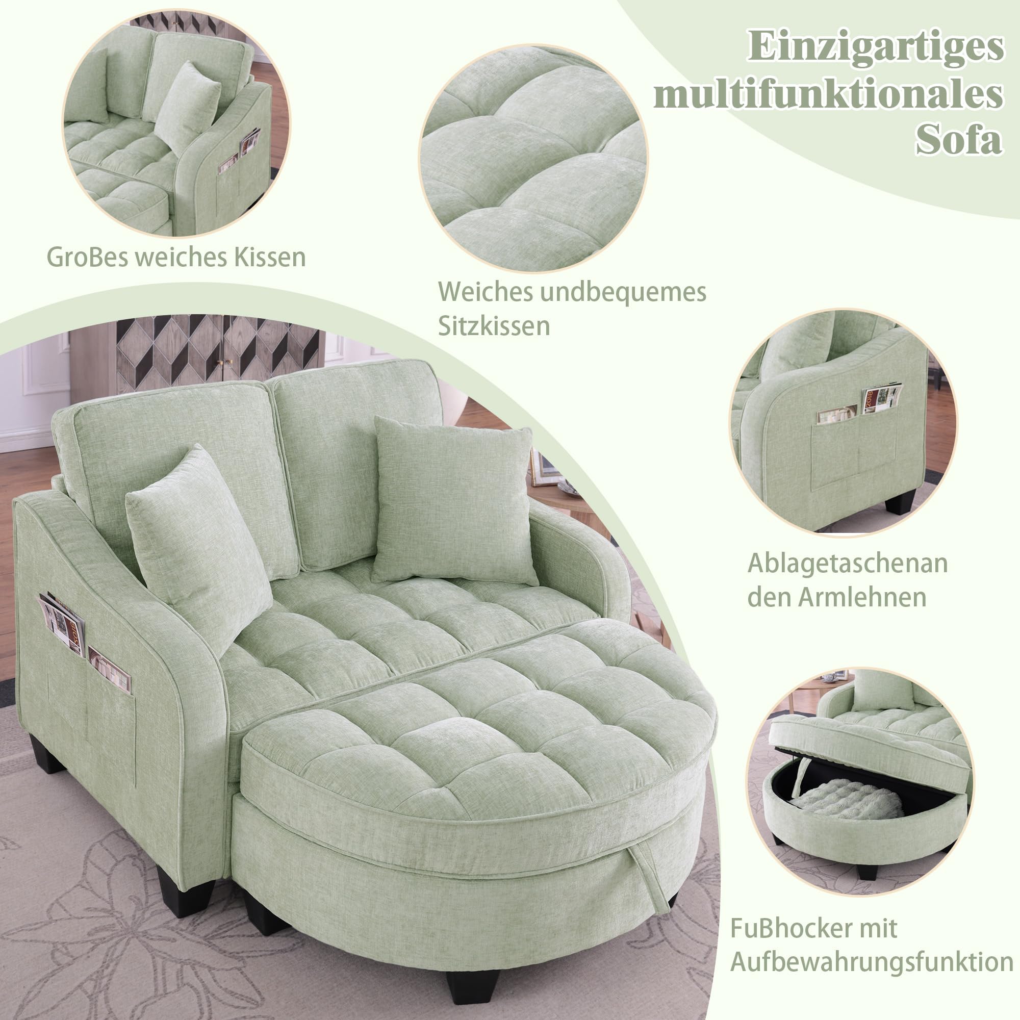Sofa mit mit Aufbewahrungs-Hocker, Schlafsofa mit Verstellbarer Rückenlehne und Kissen, Klein Sofa, für kleine Wohnzimmer,Studienzimmer,Schlafzimmer,Grün