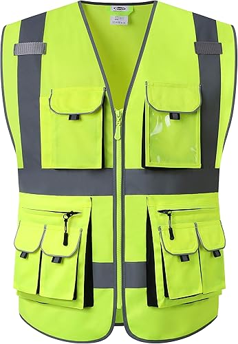 JKSafety Chaleco de seguridad frontal con 10 bolsillos clase 2 de alta visibilidad con tiras reflectantes, cumple con los estándares ANSIISEA