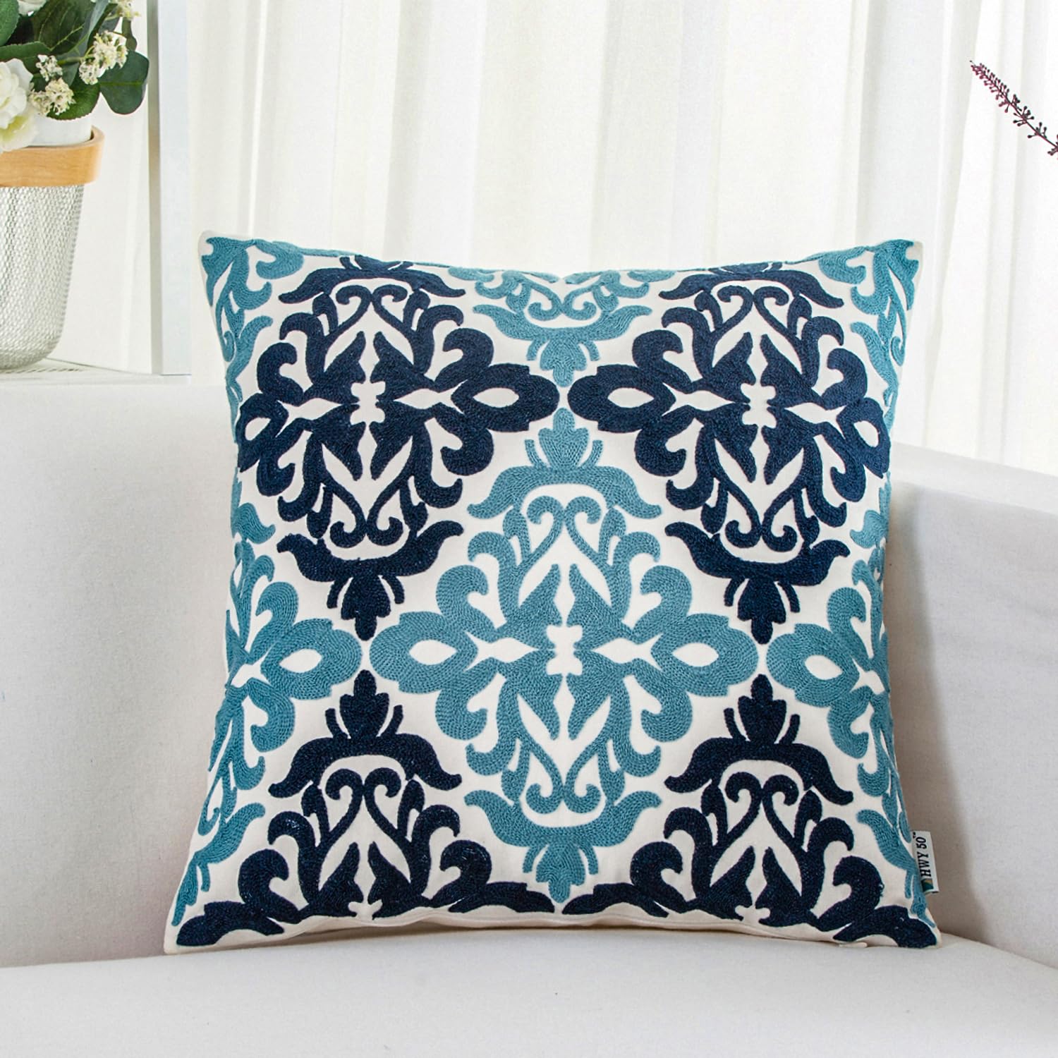 HWY 50 Blue Decorative Throw Pillow Covers 18x18 Inch 1 Piece Embroidered Cotton Farmhouse Cushion Cover Pillow Case