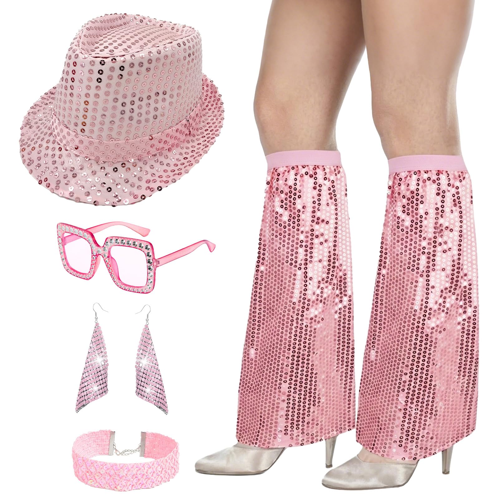 Carreuty 5Pcs 70s Accessories Set for Women, Pink Abba Fancy Dress Costume Accessories with Sequin Hat Leg Warmers Bling Sunglasses Earrings Necklace abba outfits for women Retro 70 Theme Party Dance