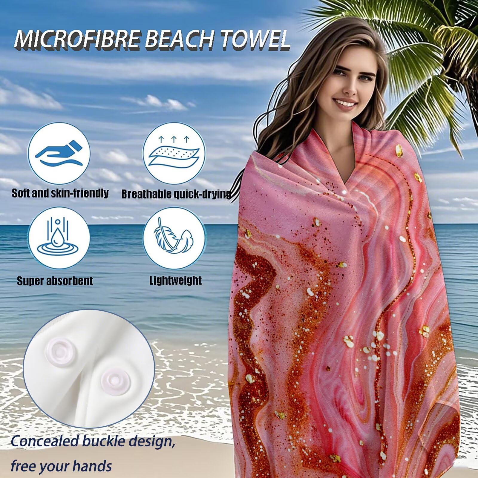 Serviette Plage Rose Motif, Serviette de Plage XXL 100x180 avec Sac, Serviettes de Bain Microfibre Séchage Rapide Anti-Sable Absorbante Fonction pour Bain, Sport, Voyages, Sauna, Piscine Q-649