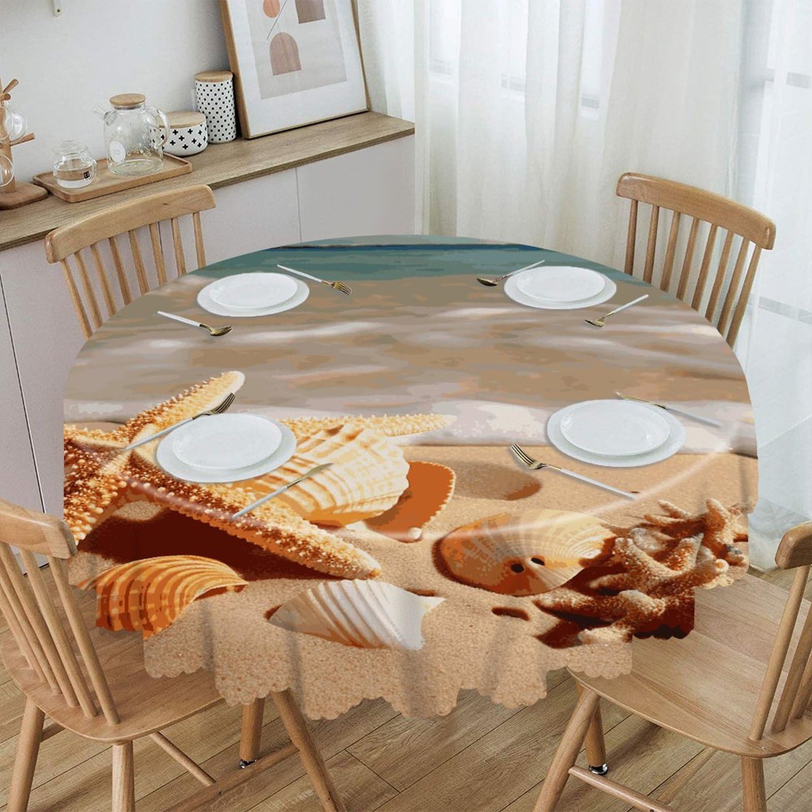 FekiLoot Seashells Starfish on Beach Round Tablecloths 60 Inch Resistant Washable Polyester Table Cloth Style Decorative Circle Fabric Table Cover for Dining Kitchen Party Farmhouse Outdoor