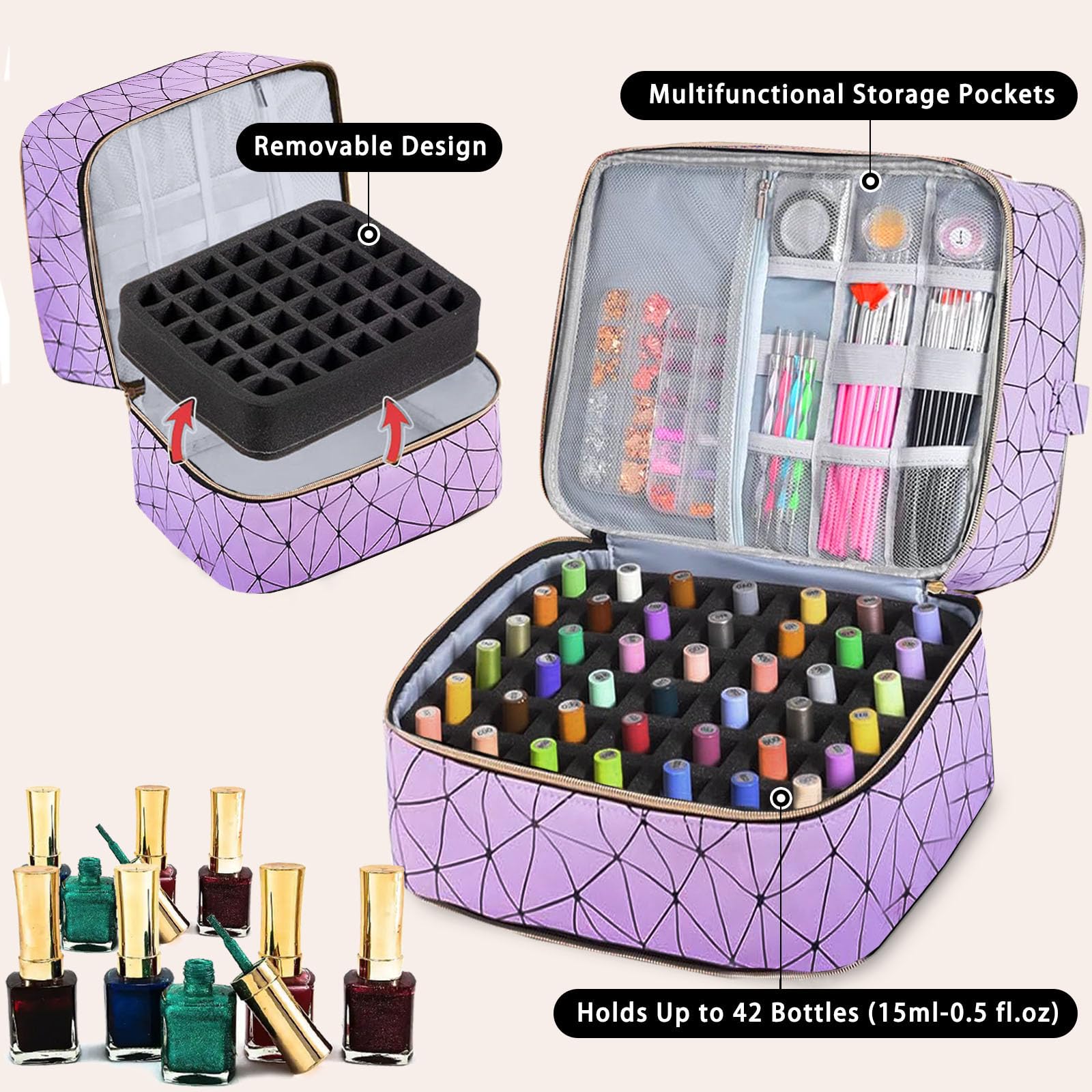 3-Layer Travel Makeup Bag,Nail Polish Organizer,Nail Tools Storage,2 in 1 Removable Polish Package,Waterproof,Adjustable Dividers Compartment,Holds 84 Bottles of 15ML Nail Polish - Image 2
