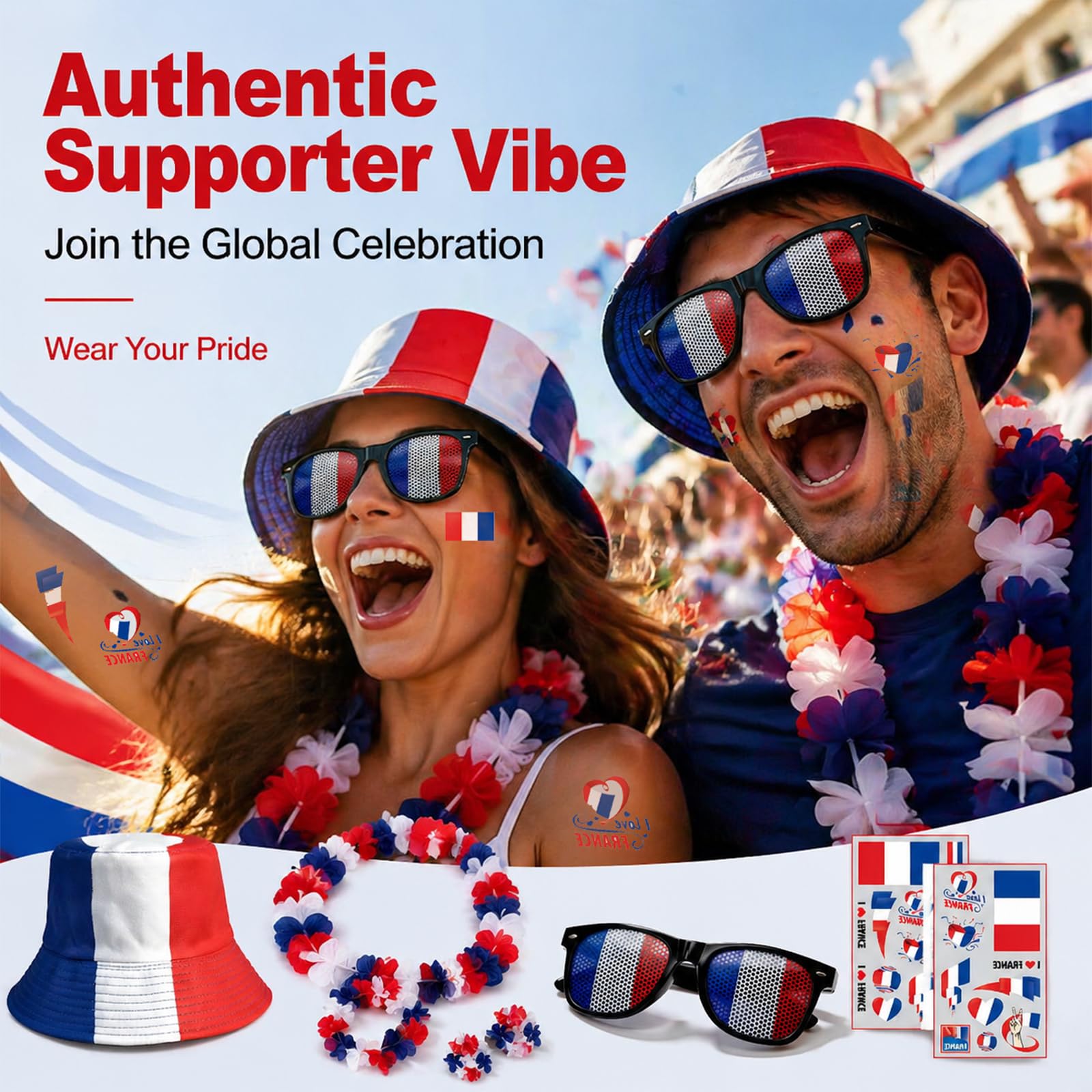 Ensemble Accessoires de Supporters France 11 Pièces avec Chapeau de Pêcheur
