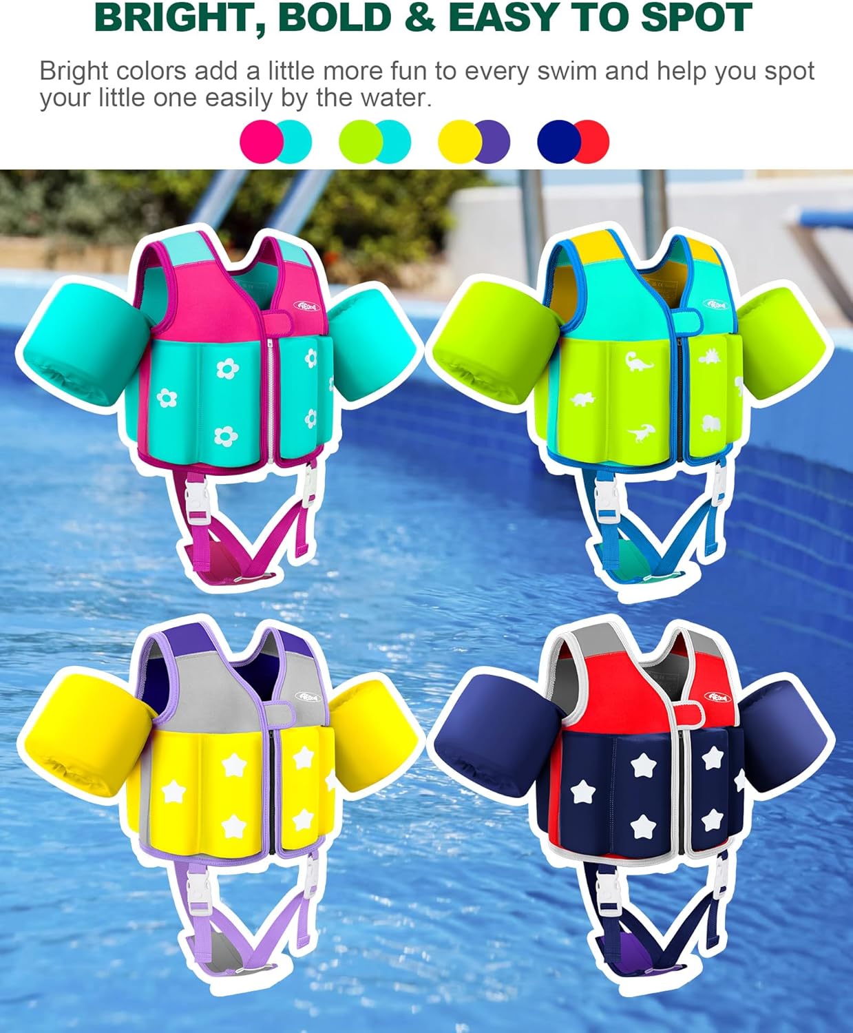 Kids Pool Floaties 1-2-3-5-7-9 Years Old, Toddler Swim Vest 20-30-50-70 Pounds, Comfortable Extended Wear Kids Float Jacket with Crotch Strap, Bright & Colorful Design and Unpadded Sides for Comfort