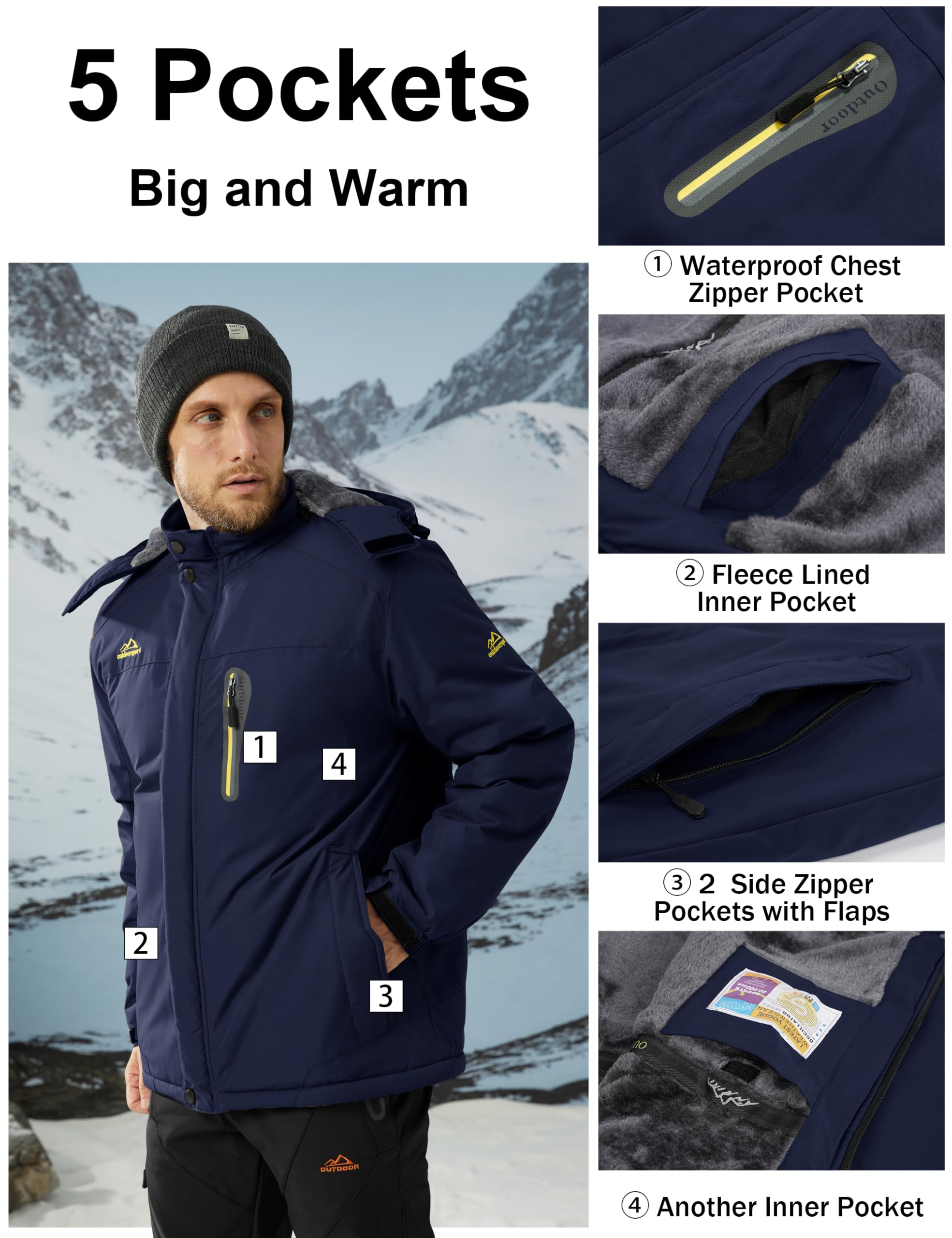 MAGCOMSEN Giacca da Sci Impermeabile da Uomo Antivento da Montagna Parka in Pile con Cappuccio