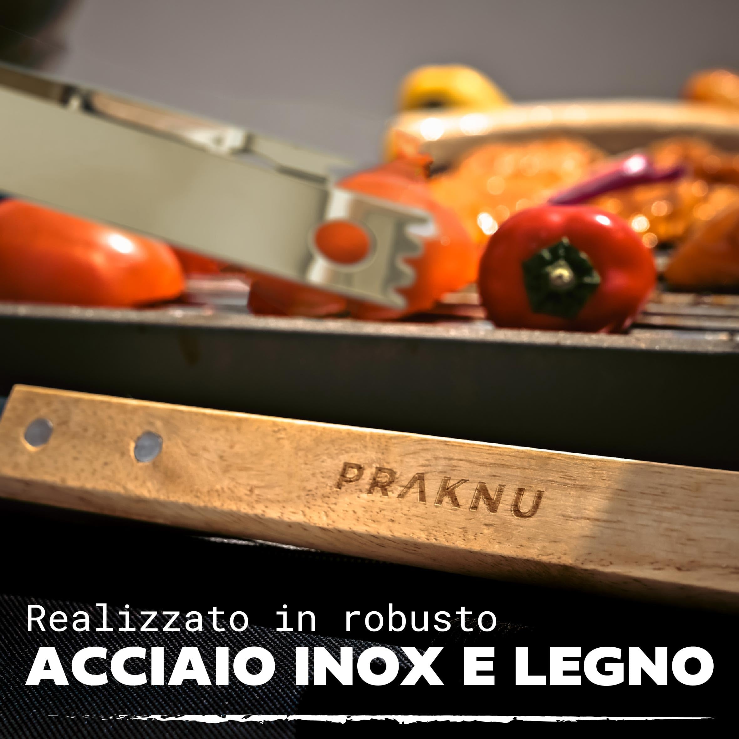 Praknu Set di Utensili da Barbecue 𝗲𝘀𝘀𝗲𝗻𝘇𝗶𝗮𝗹𝗶 in Acciaio e Legno - 4 pezzi - Resistente al calore e antiruggine - Con pratica borsa per il trasporto