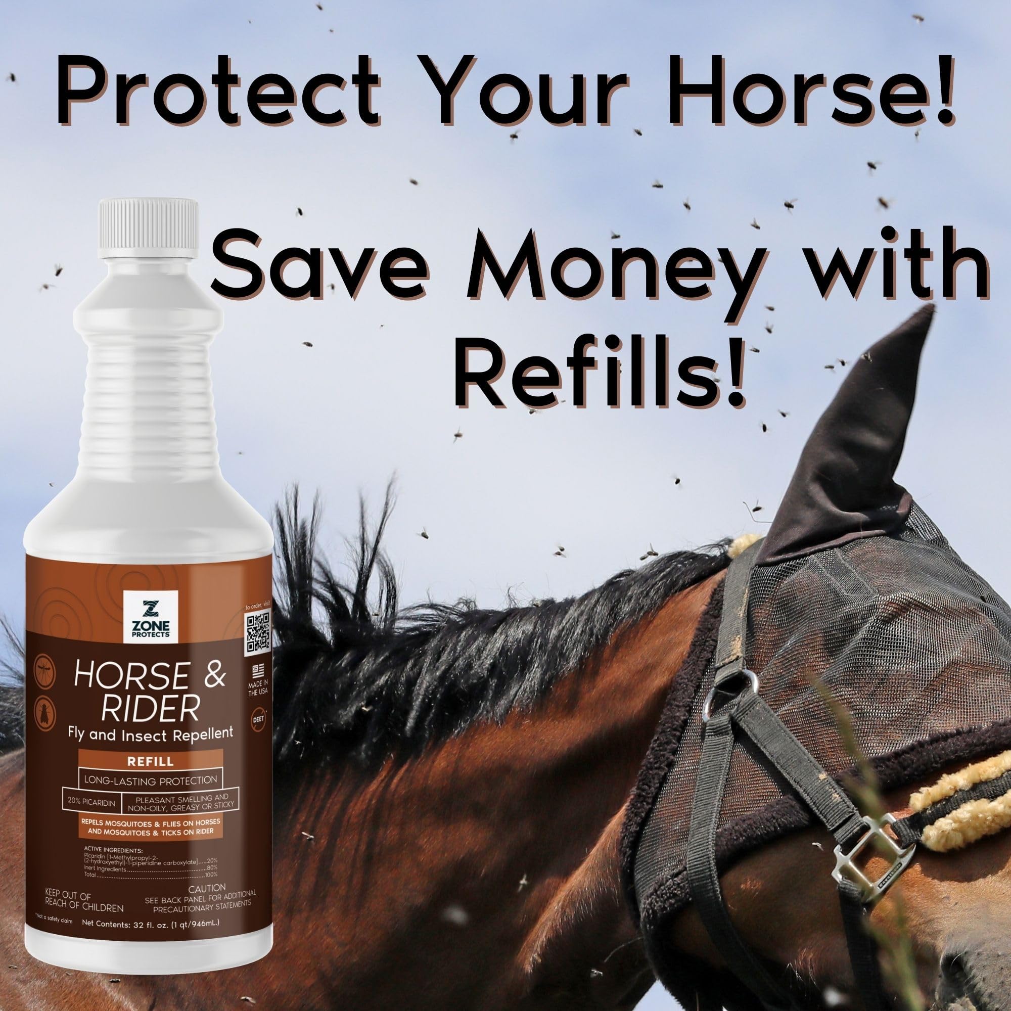 Horse & Rider Fly/Insect Repellent 32oz Refill; Picaridin Based, Light Fresh Scent, Masks Horse Hide; 12-Hr Proven Protection Against 400 Fly Species - image 4