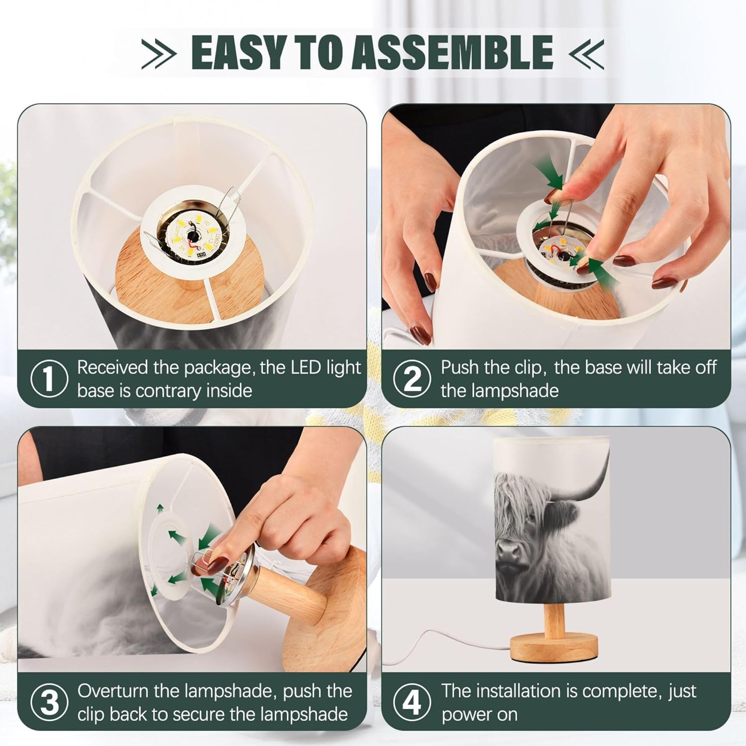 Qilmy Highland Cow Bedside Table Lamp with LED Light Included, Button Switch Control for Bedroom Nightstand Lamp with USB Ports for Living Room Bedroom Home Office