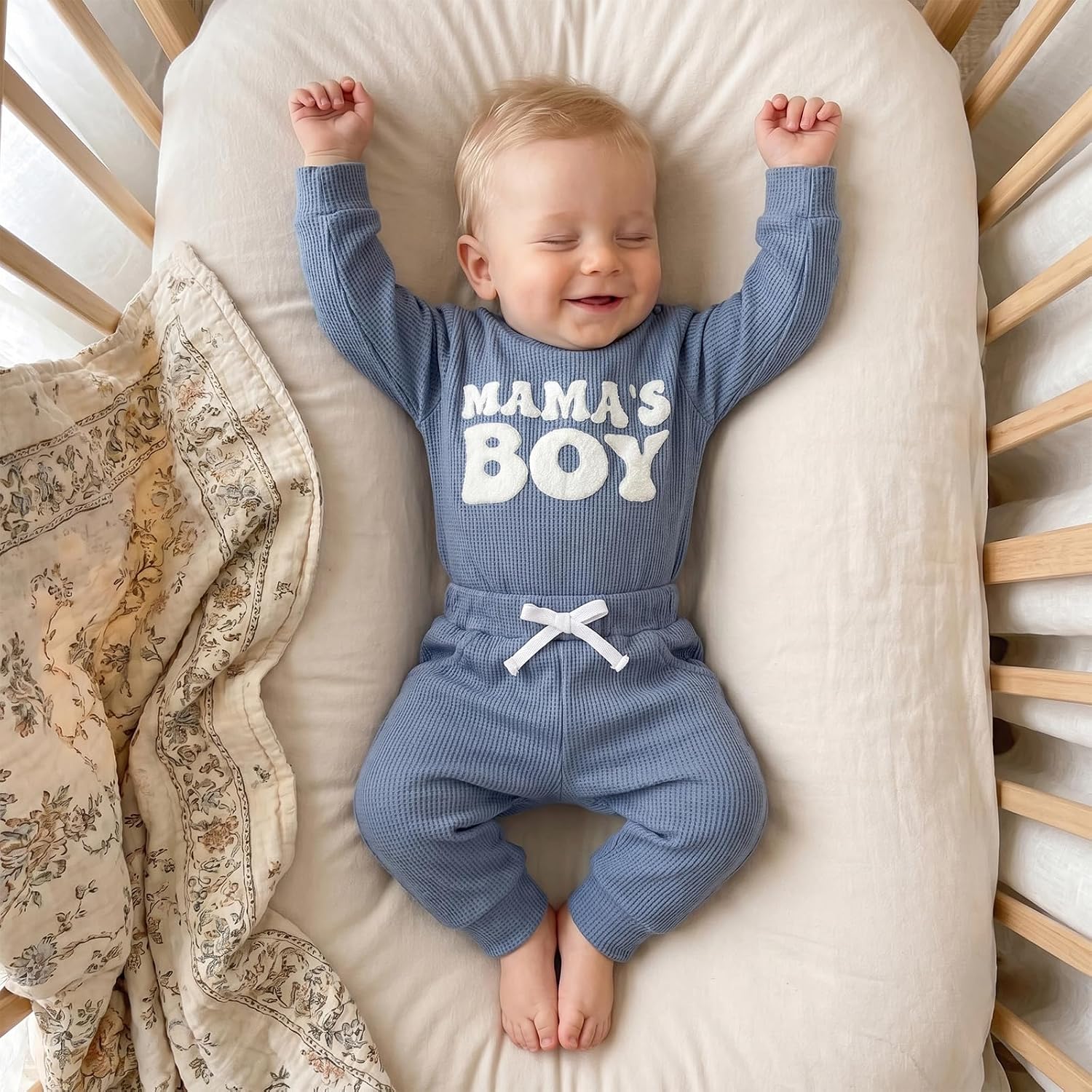 Tsultryofs Baby Boy Fall Clothes Newborn Infant Letter Embroidery Outfit | Mamas Boy Baby Clothes Waffle Printed Long Sleeve Romper with Pants 2Pcs Set