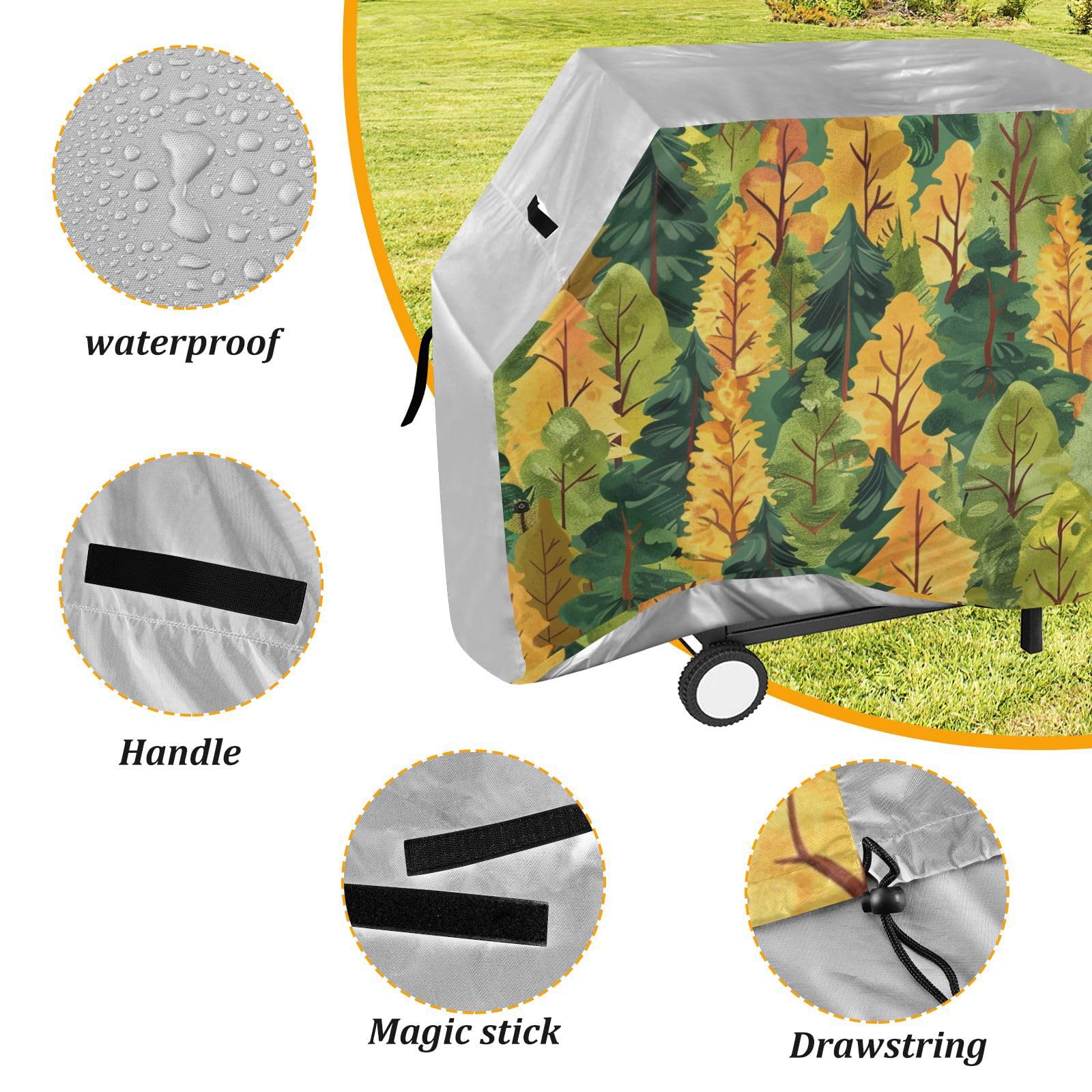 Forests zielony żółty safari pokrowiec na grilla na patio 150 cm, wodoodporny, wytrzymały, odporny na blaknięcie i promieniowanie UV, pokrowce na wędzarnie z regulowanym sznurkiem, ochrona przed