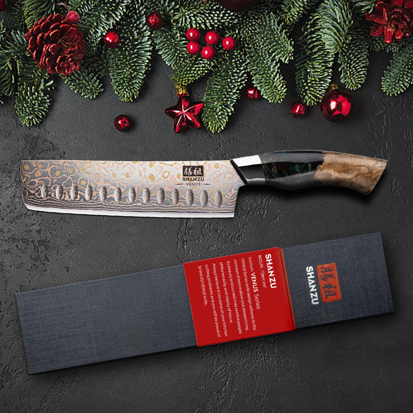 SHAN ZU Coltello Damasco e Rame Coltello da Chef Nakiri Coltello Giapponese Forgiato a Mano, 33 Strati in Acciaio Damasco Coltelli da Cucina Affilati Professionali in Damasco 18 CM
