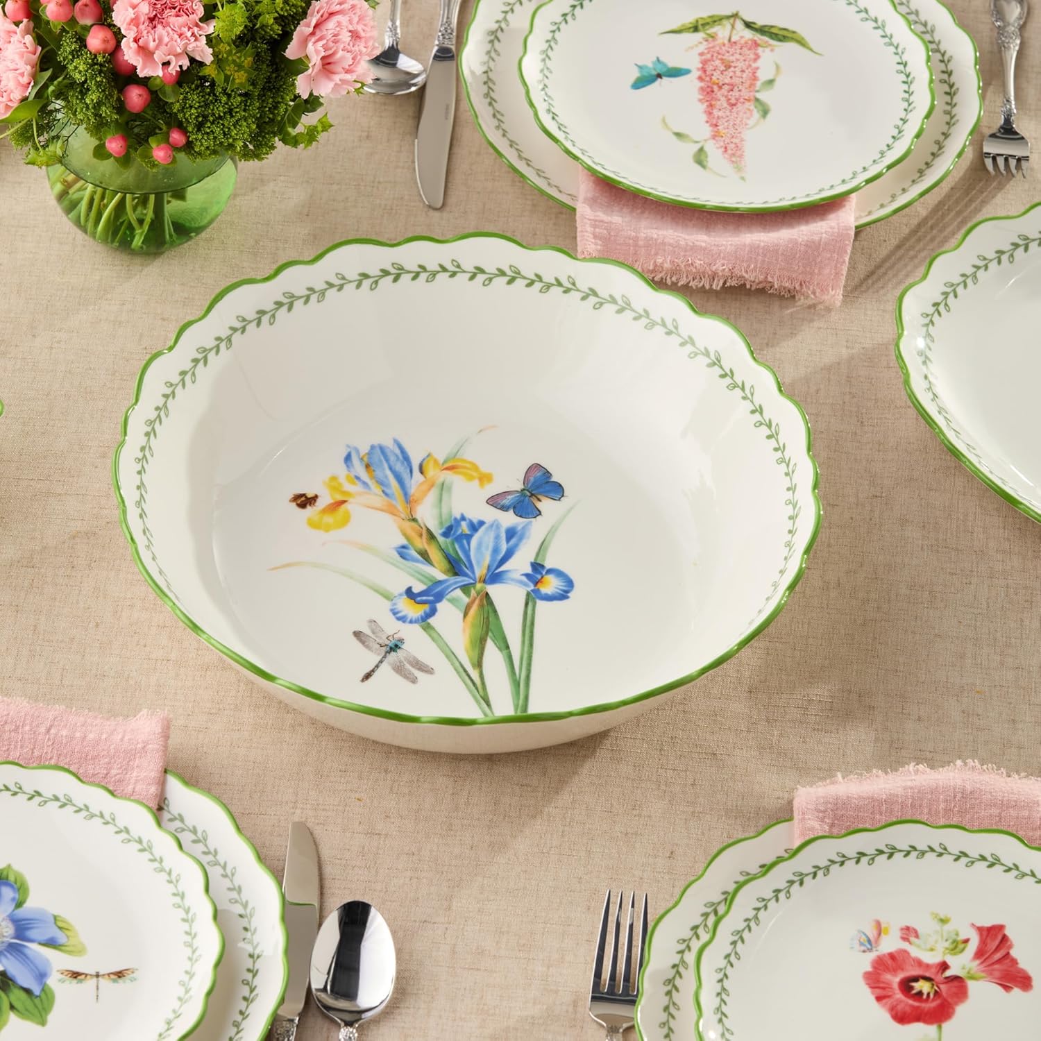 Mirabella Porcelain 13-Inch SERVING BOWL, elegant lightweight floral bowl with butterflies and scalloped trim, perfect for salads, pasta, fruit, vegetables, entertaining and coordinated table styling