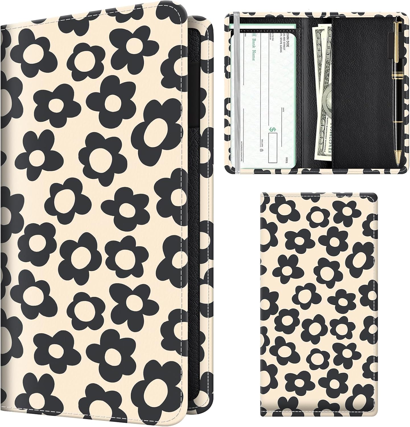 Checkbook Cover for Personal Checkbook, Cute Pu Leather Check Book for Women & Men, Slim Checkbook Holder with Pen Holder and Built-in Clear Plastic Divider, Black Flower