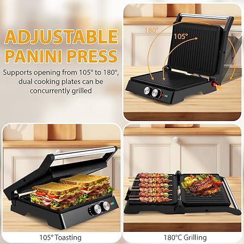 Miniatura 3 de SUSTEAS Panini Press Sandwichera y parrilla eléctrica para interiores con ajuste de temperatura y tiempo, rejillas antiadherentes fáciles de